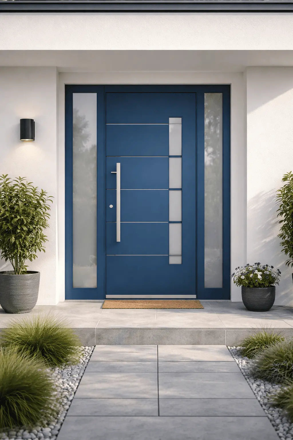 Blaue Haustür mit Seitenteil in einem schönen Haus