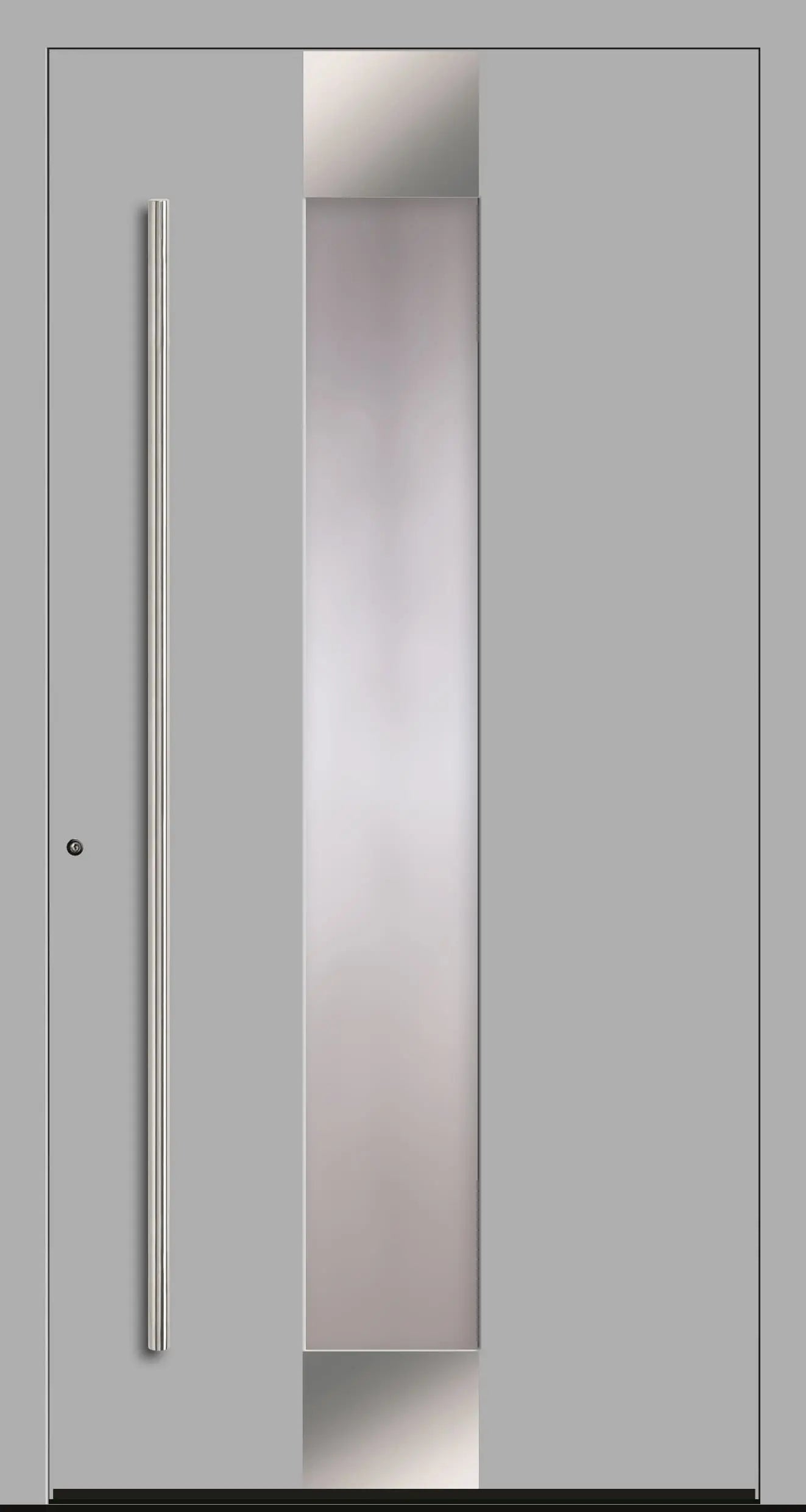 Haustür Aluminium Modell A5 mit Lichtausschnitt und Edelstahl in Weißaluminium Dreh Links