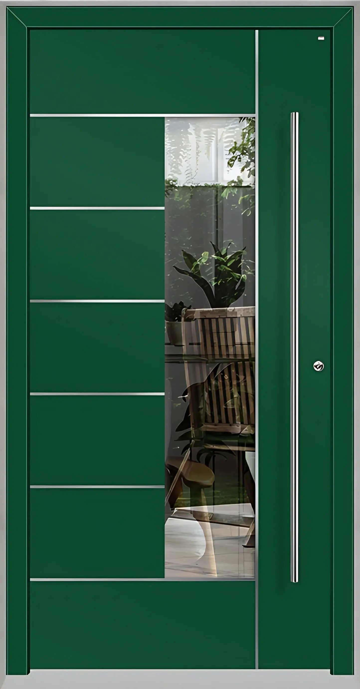Haustüre Holz Aluminium mit Lichtausschnitt und Edelstahl Designelementen in Moosgrün Dreh Rechts
