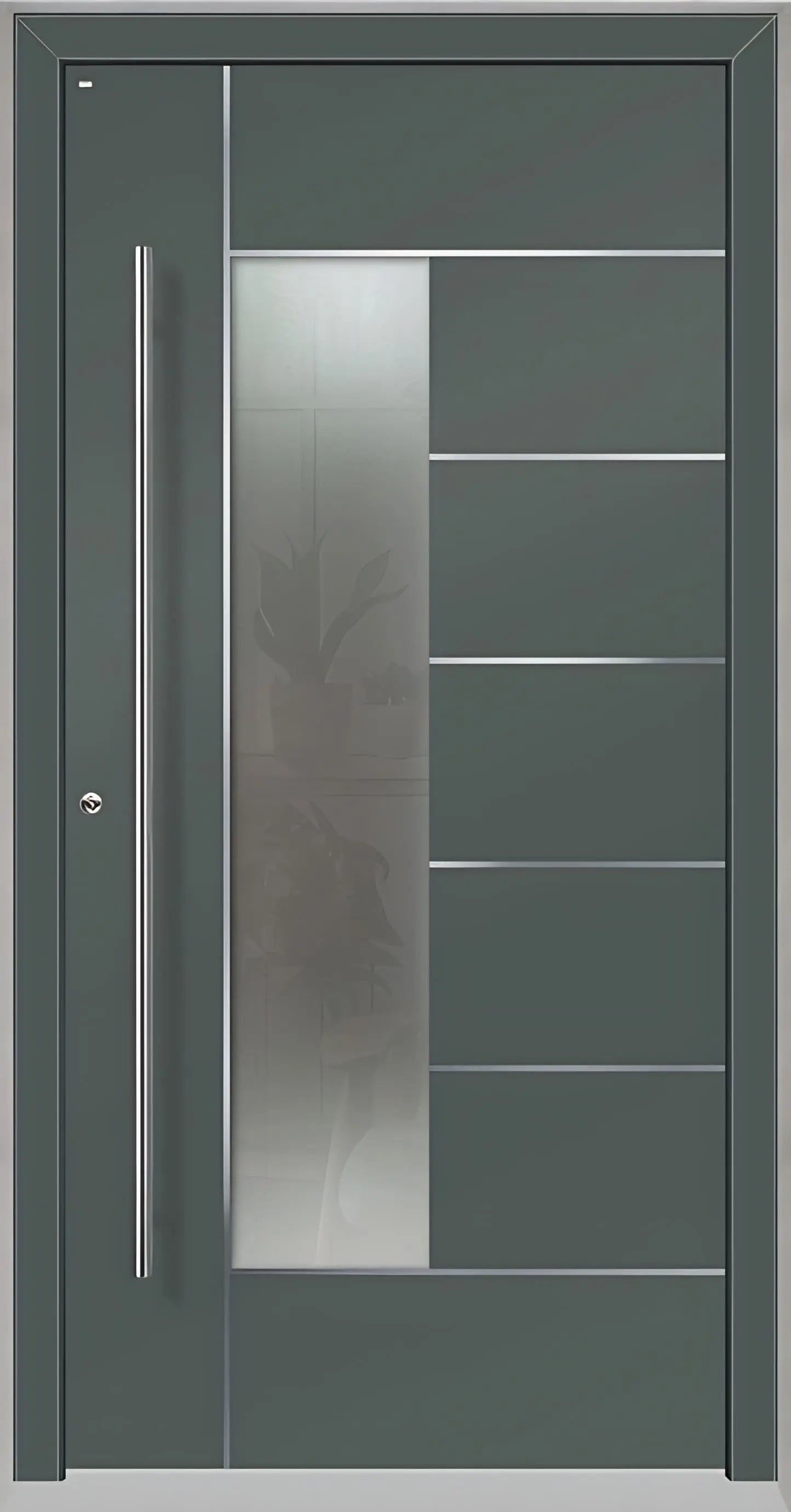 Haustüre Holz Aluminium mit Lichtausschnitt und Edelstahl Designelementen in Basaltgrau Dreh Links