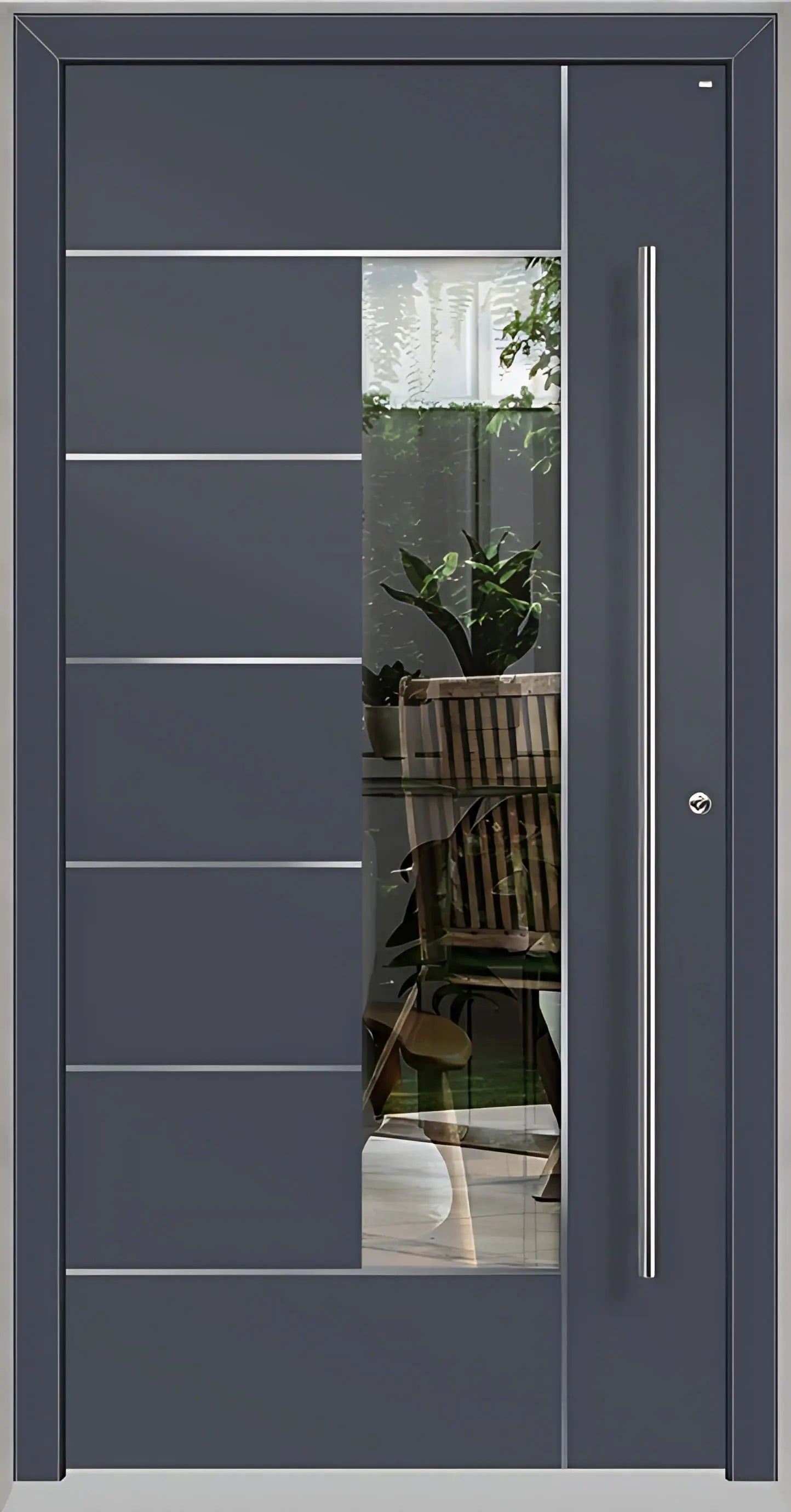 Haustüre Holz Aluminium mit Lichtausschnitt und Edelstahl Designelementen in Schiefergrau Dreh Rechts