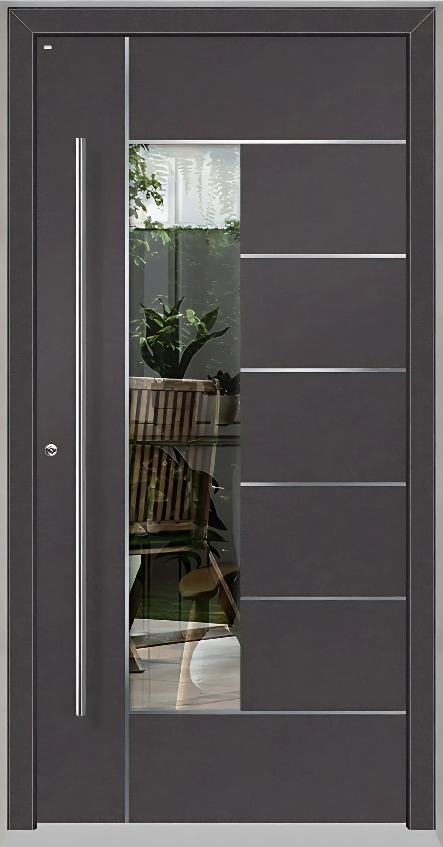 Haustüre Holz Aluminium mit Lichtausschnitt und Edelstahl Designelementen in DB703 Dreh Links