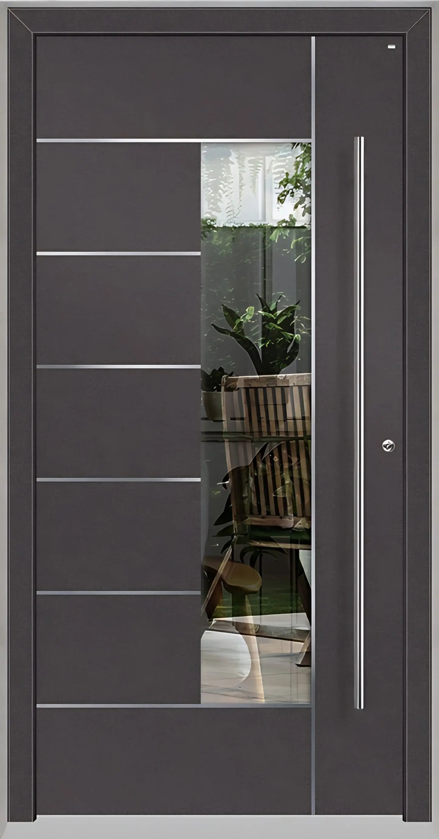 Haustüre Holz Aluminium mit Lichtausschnitt und Edelstahl Designelementen in DB703 Dreh Rechts