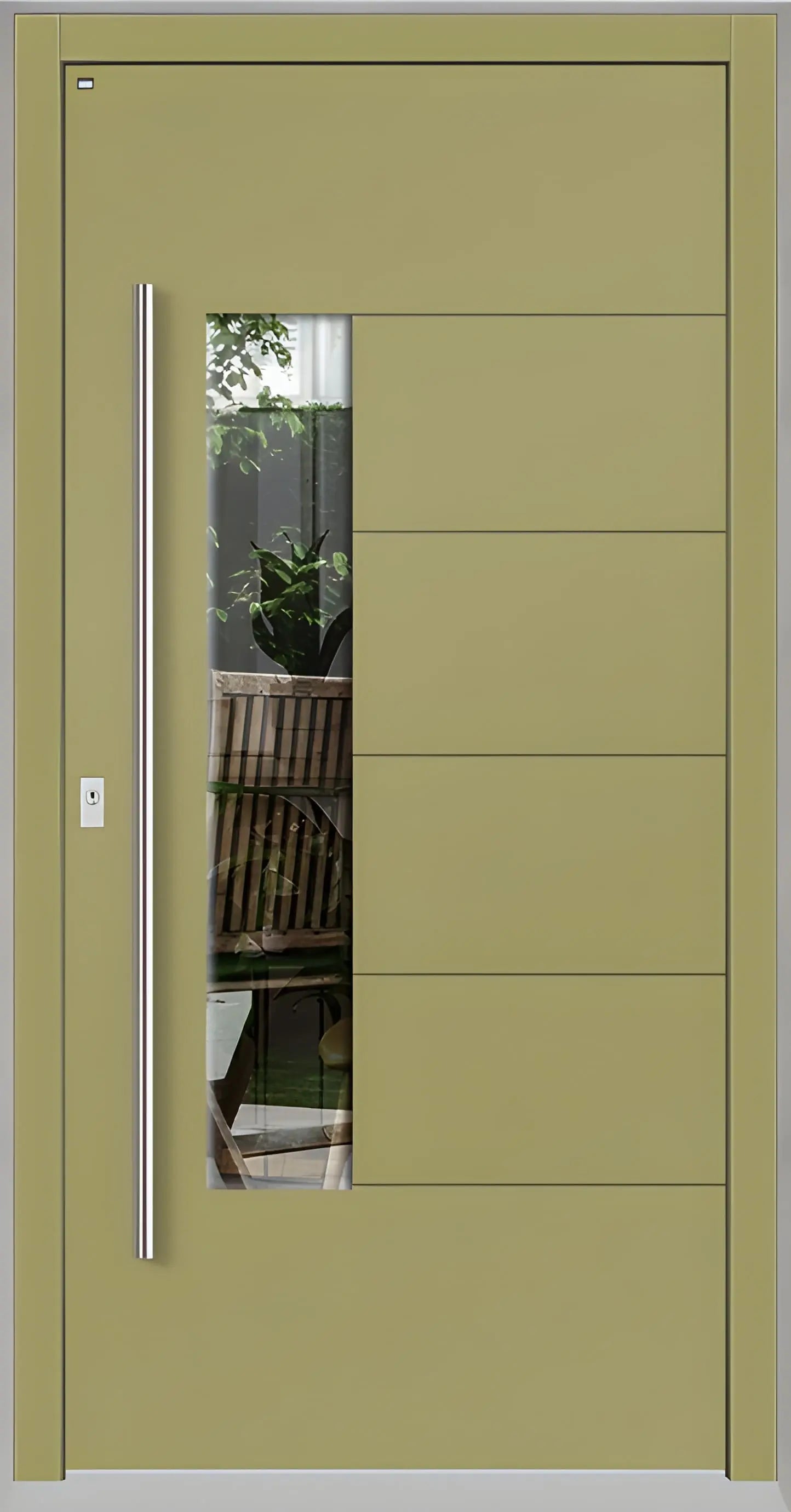 Moderne Holzhaustür in Graubeige mit Lichtausschnitt zum Griff versetzt und fünf Nuten als Dreh Links