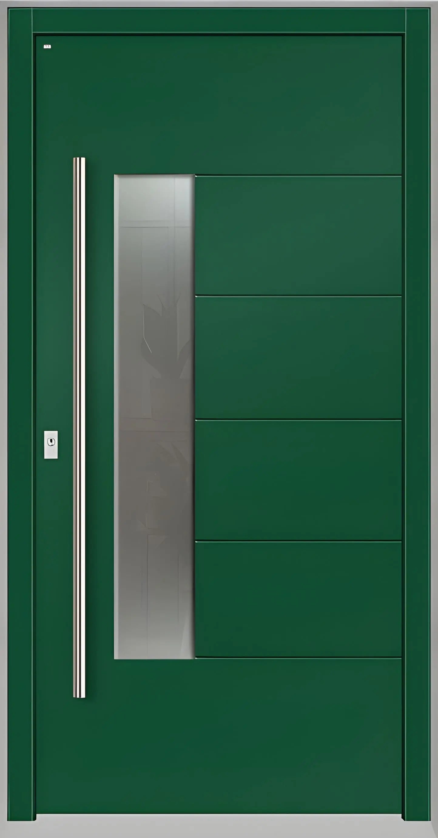 Moderne Holzhaustür in Moosgrün mit Lichtausschnitt zum Griff versetzt und fünf Nuten als Dreh Links