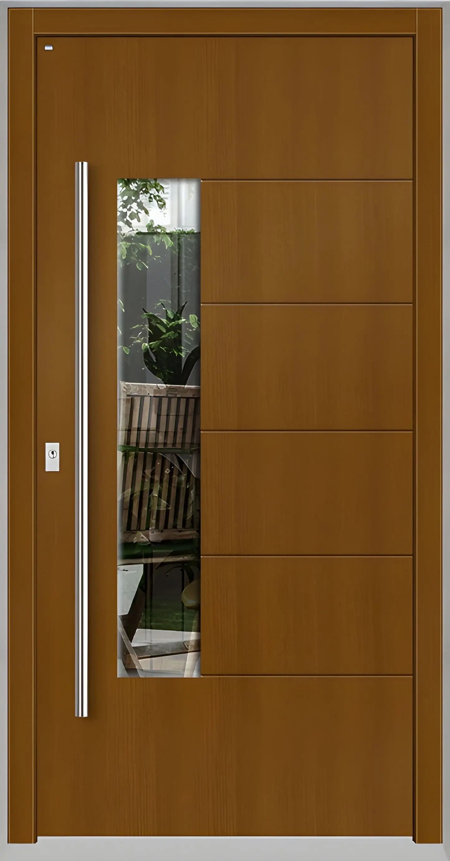 Moderne Holzhaustür in Eicheclassic mit Lichtausschnitt zum Griff versetzt und fünf Nuten als Dreh Links