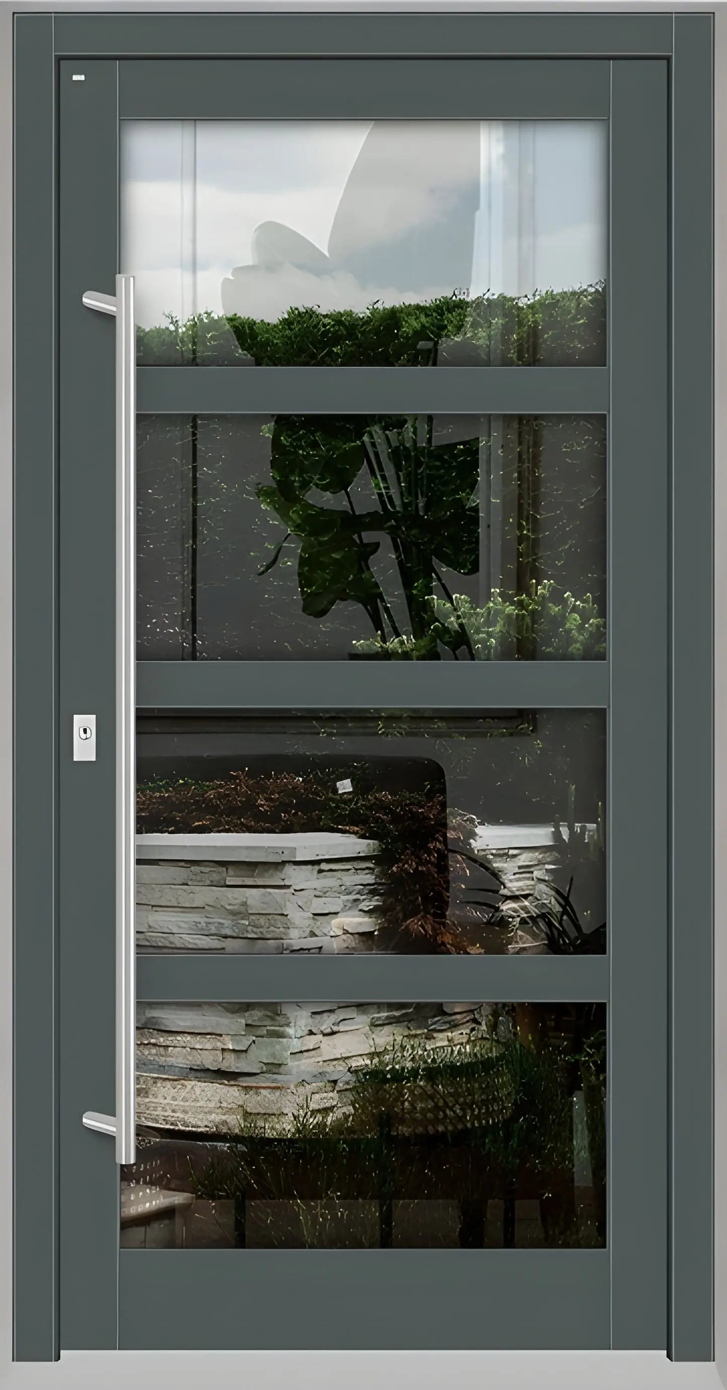 Haustür Holz mit Ganzglasfüllung und 3 waagerechten Unterteilungen in Basaltgrau Dreh Links