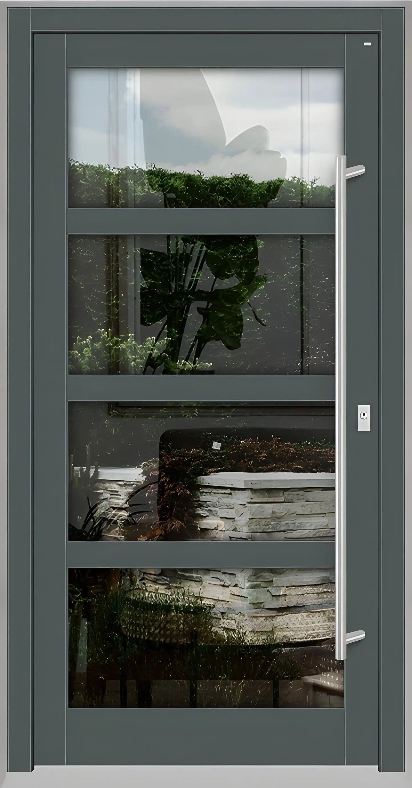 Haustür Holz mit Ganzglasfüllung und 3 waagerechten Unterteilungen in Basaltgrau Dreh Rechts