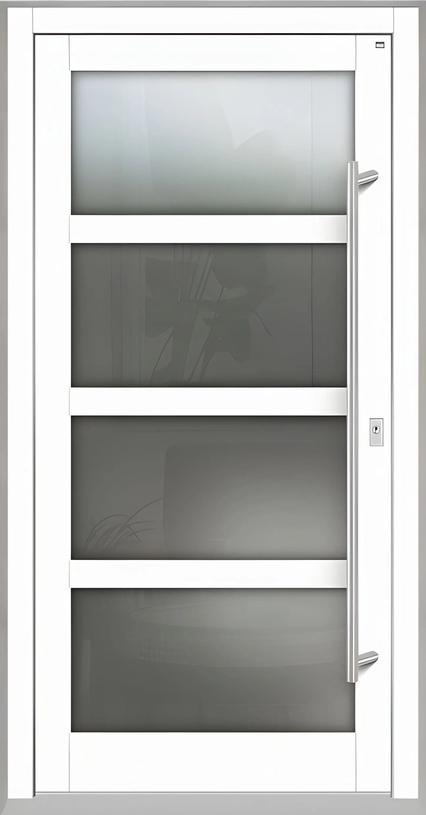 Haustür Holz mit Ganzglasfüllung und 3 waagerechten Unterteilungen in Verkehrsweiß Dreh Rechts