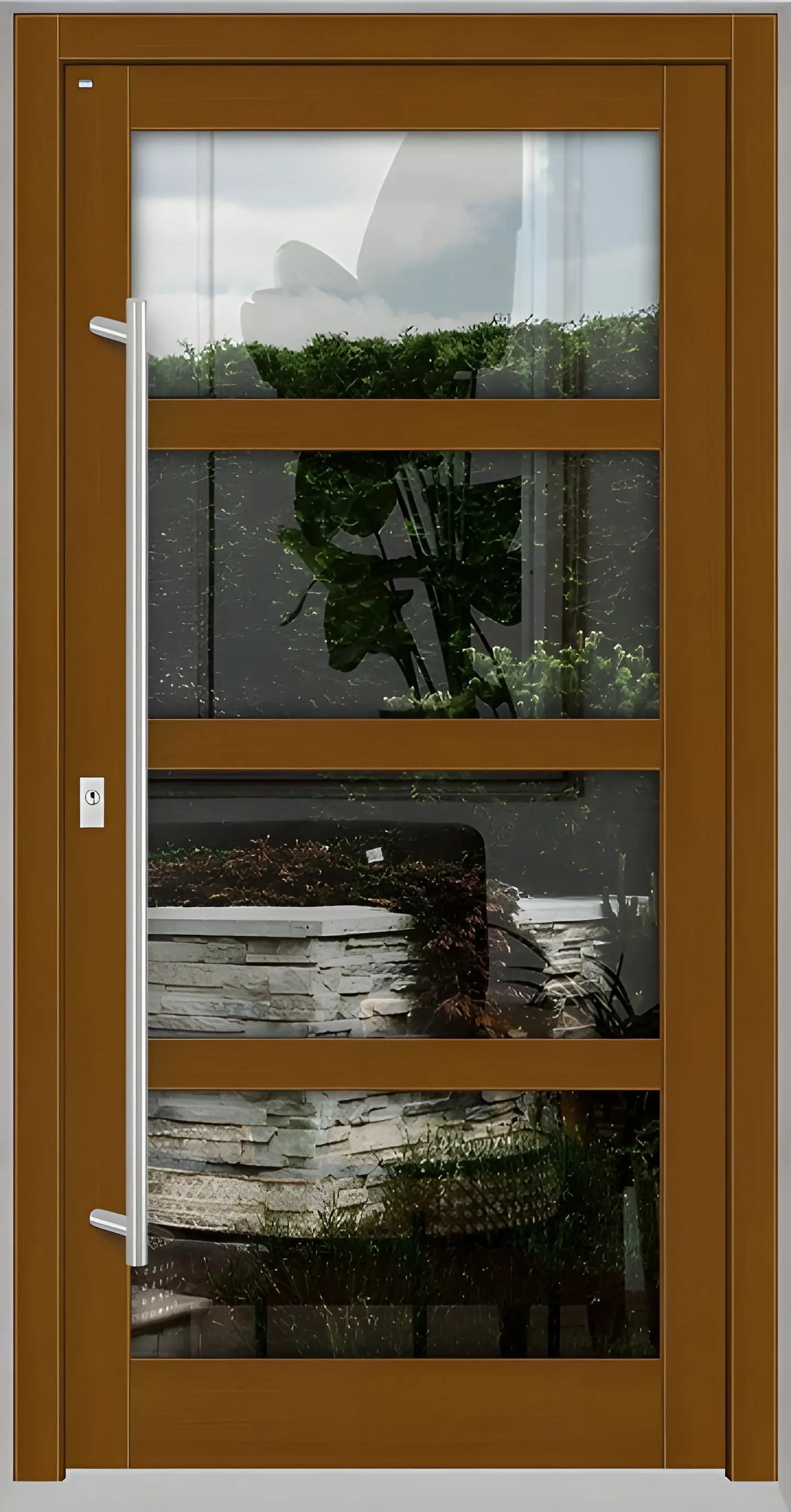 Haustür Holz mit Ganzglasfüllung und 3 waagerechten Unterteilungen in Eicheclassic Dreh Links