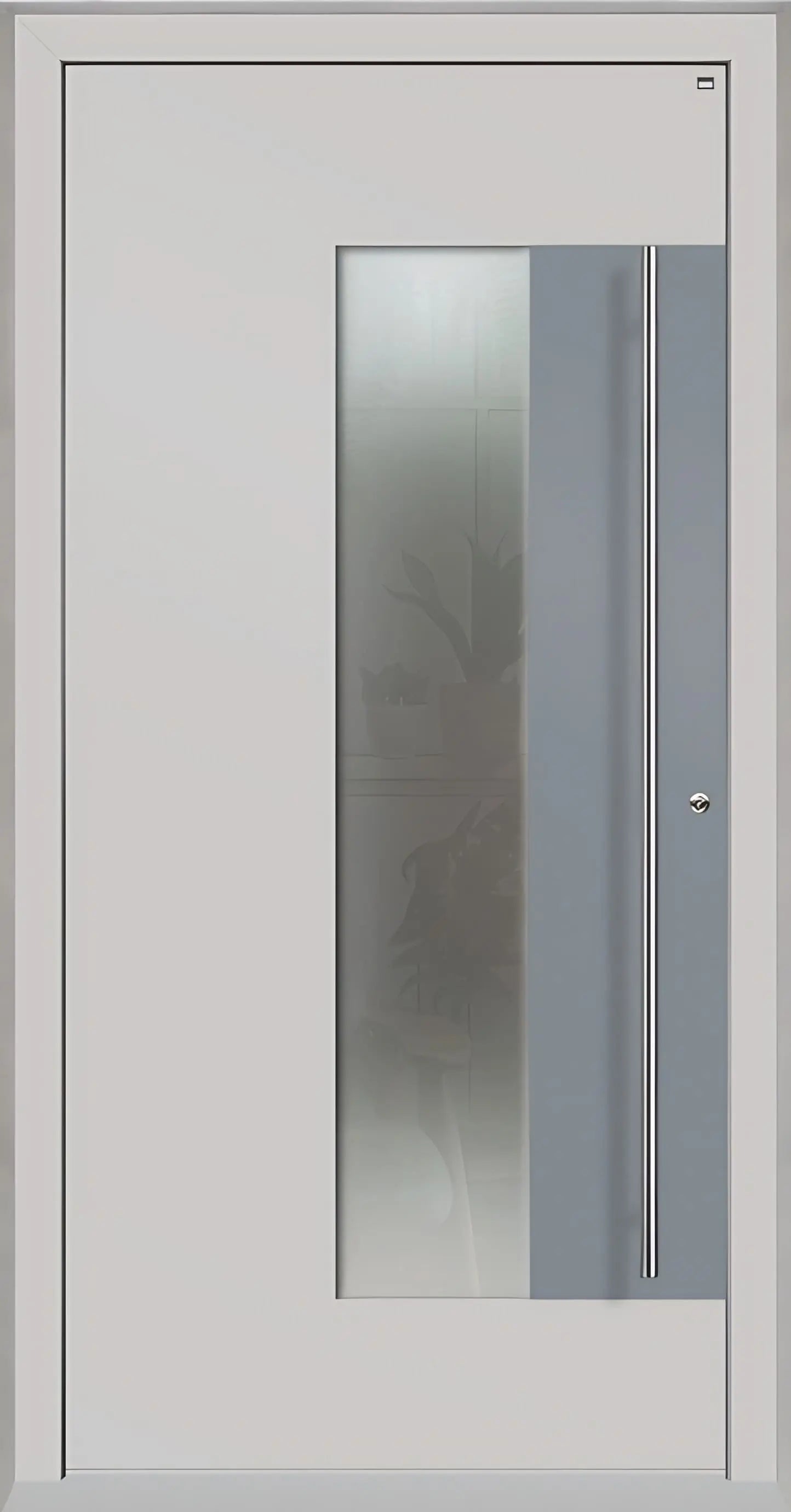 Holz Alu Haustür mit Lichtausschnitt und Applikation als Dreh Rechts in Farbton Lichtgrau