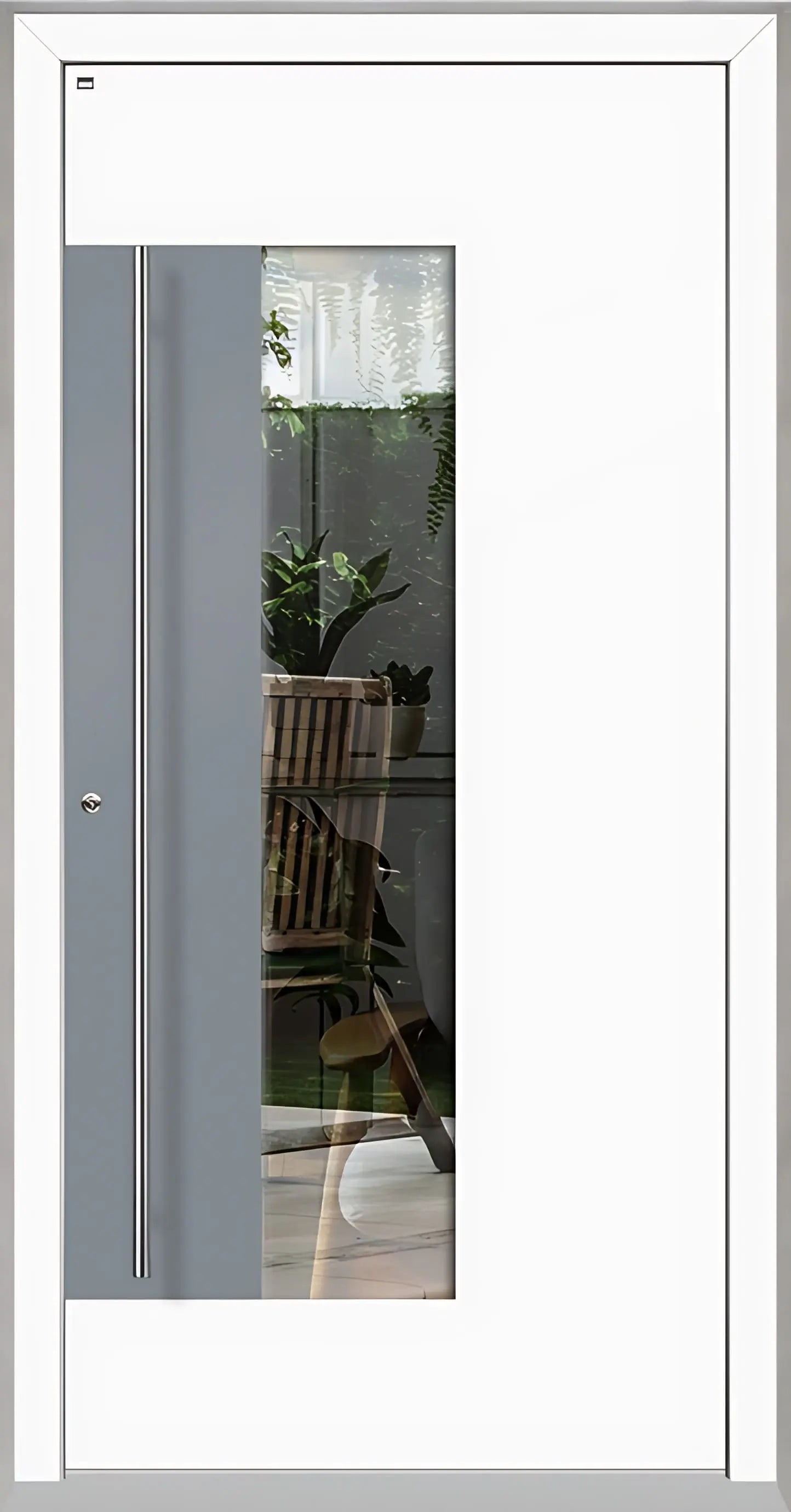 Holz Alu Haustür mit Lichtausschnitt und Applikation als Dreh Links in Farbton Verkehrsweiß