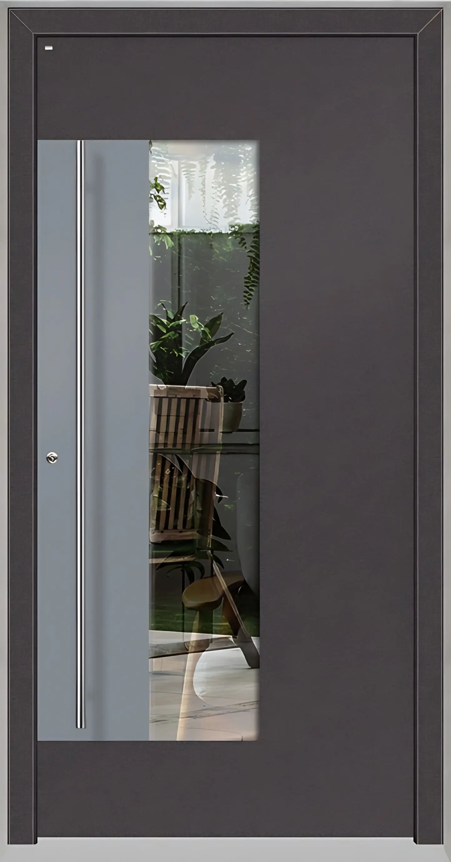 Holz Alu Haustür mit Lichtausschnitt und Applikation als Dreh Links in Farbton DB703