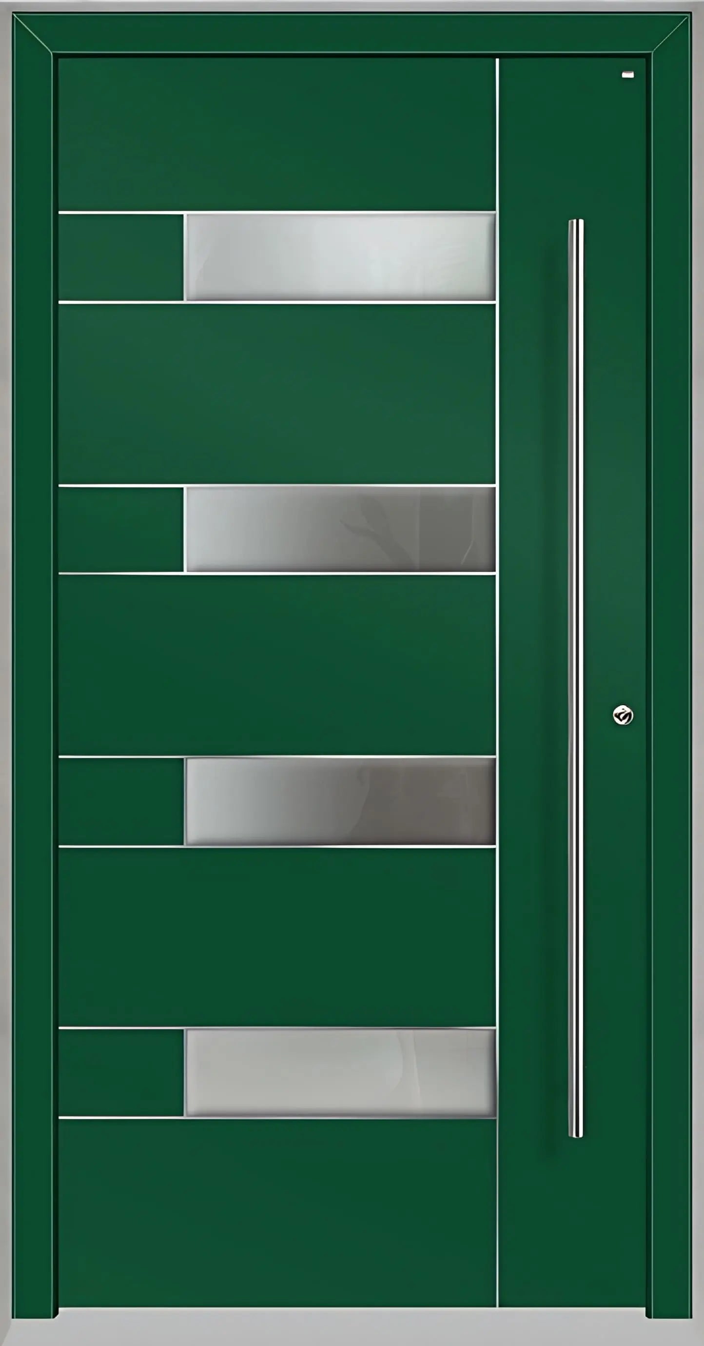 Außenansicht Holz Aluminium Haustüre Modell HA6 mit vier Lichtausschnitten und Edelstahlapplikation in Moosgrün Dreh Rechts