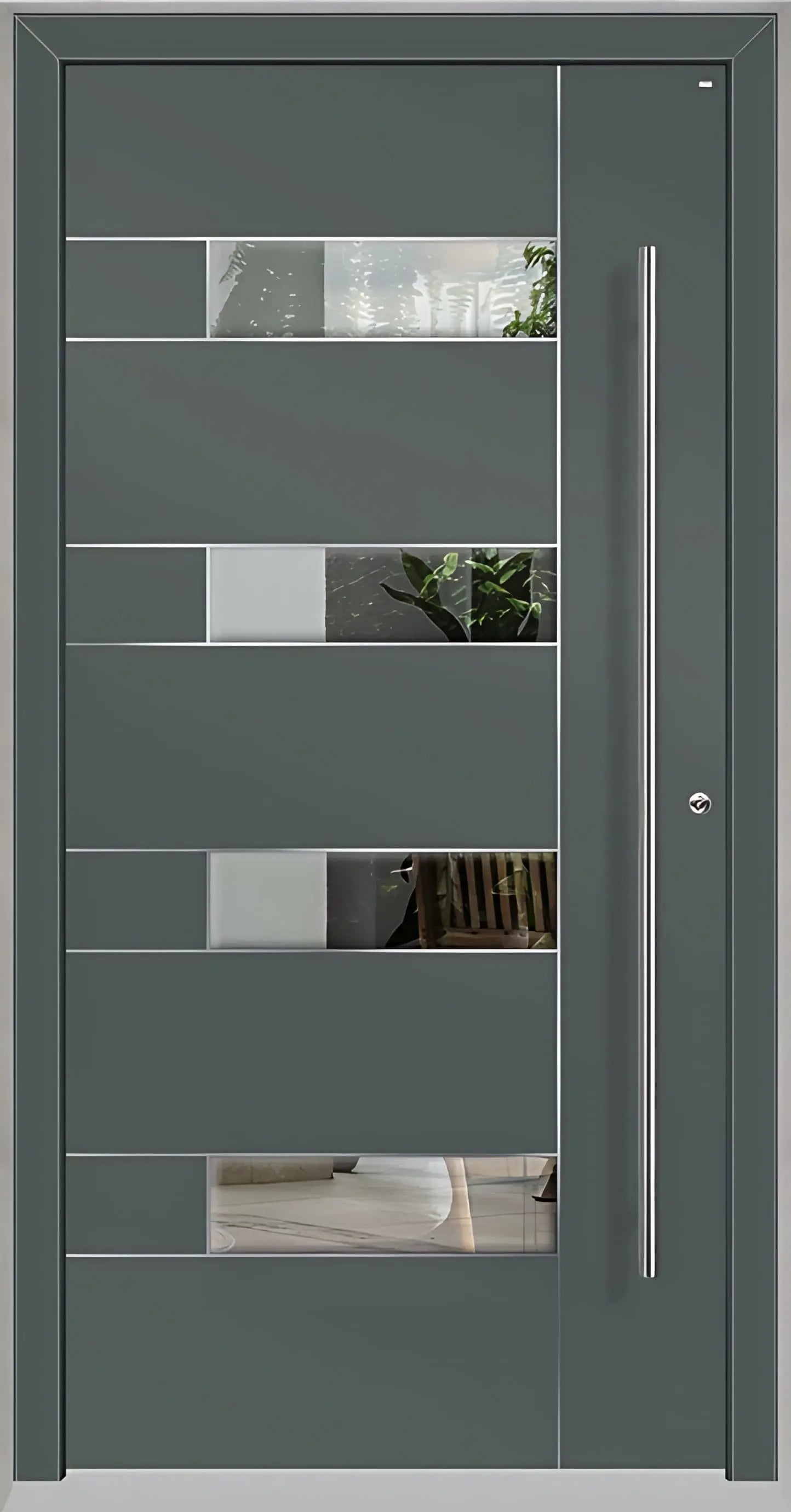 Außenansicht Holz Aluminium Haustüre Modell HA6 mit vier Lichtausschnitten und Edelstahlapplikation in Basaltgrau Dreh Rechts