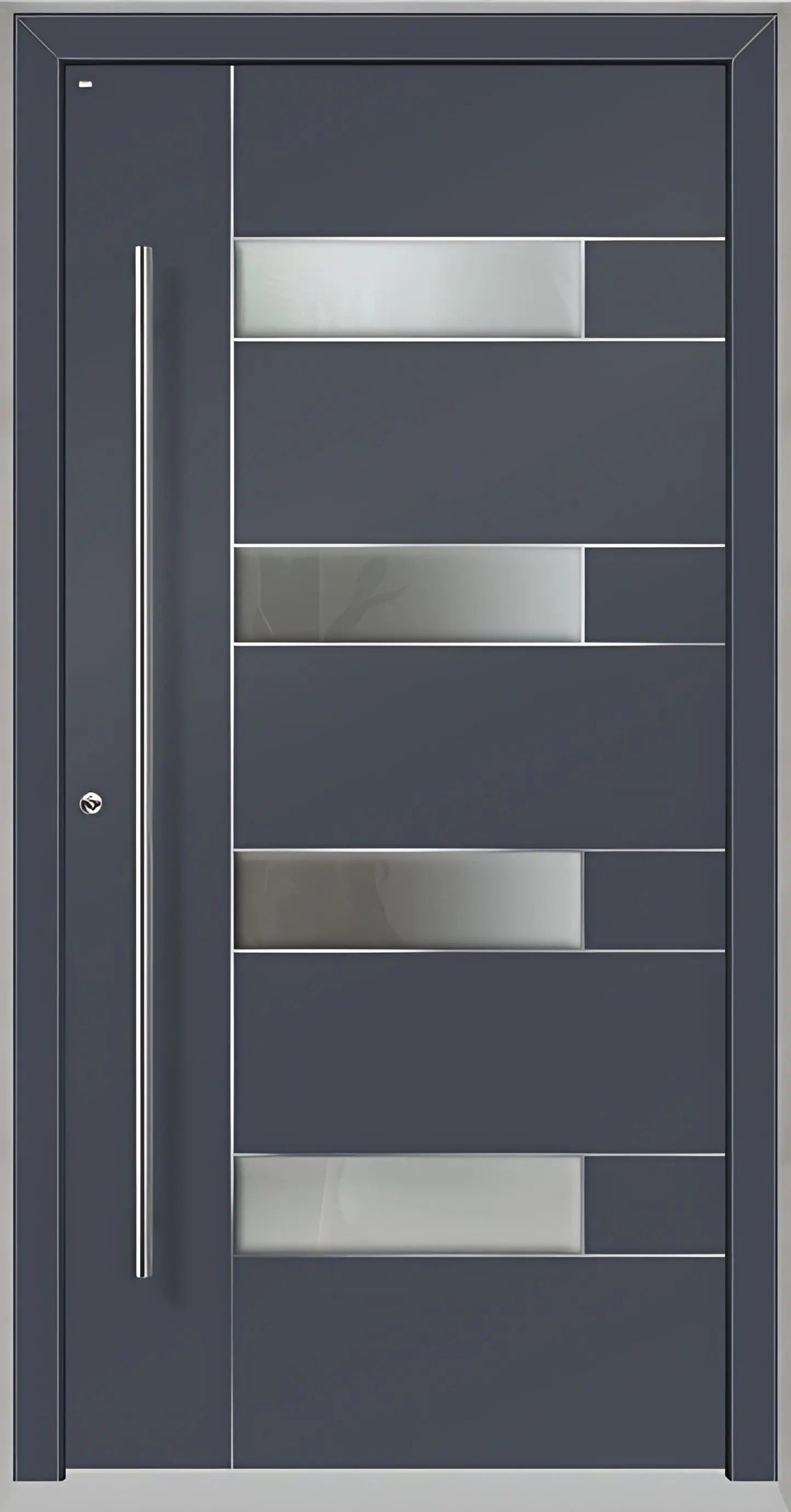 Außenansicht Holz Aluminium Haustüre Modell HA6 mit vier Lichtausschnitten und Edelstahlapplikation in Schiefergrau Dreh Links