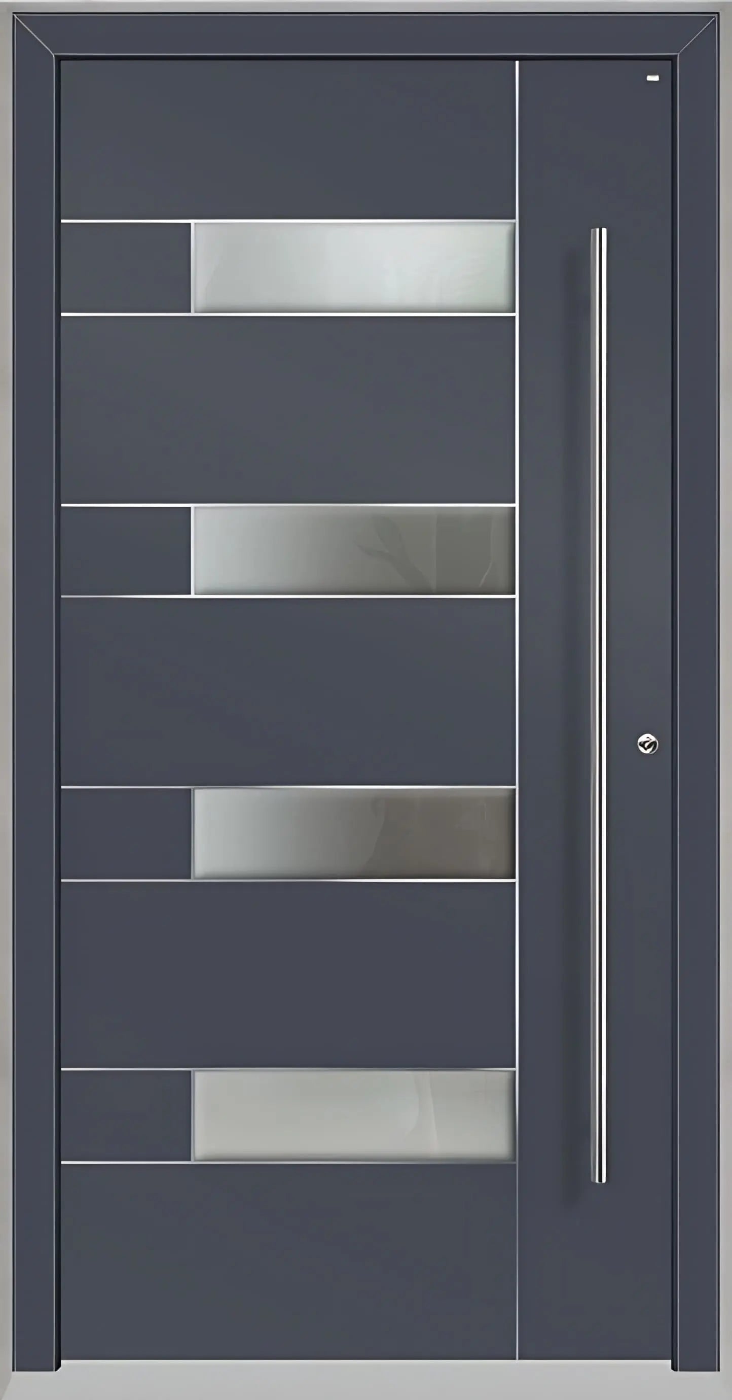 Außenansicht Holz Aluminium Haustüre Modell HA6 mit vier Lichtausschnitten und Edelstahlapplikation in Schiefergrau Dreh Rechts