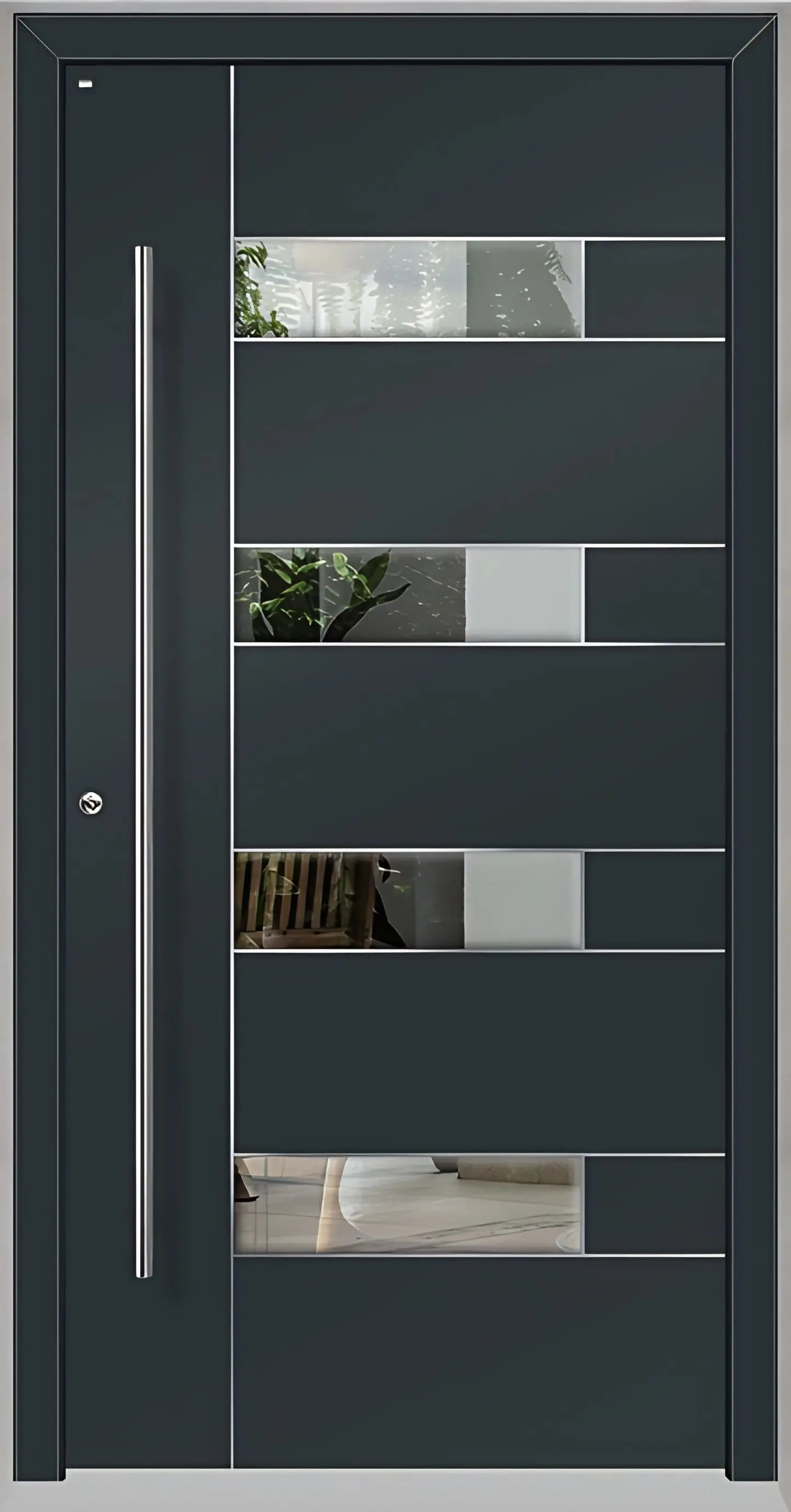 Außenansicht Holz Aluminium Haustüre Modell HA6 mit vier Lichtausschnitten und Edelstahlapplikation in Anthrazitgrau Dreh Links