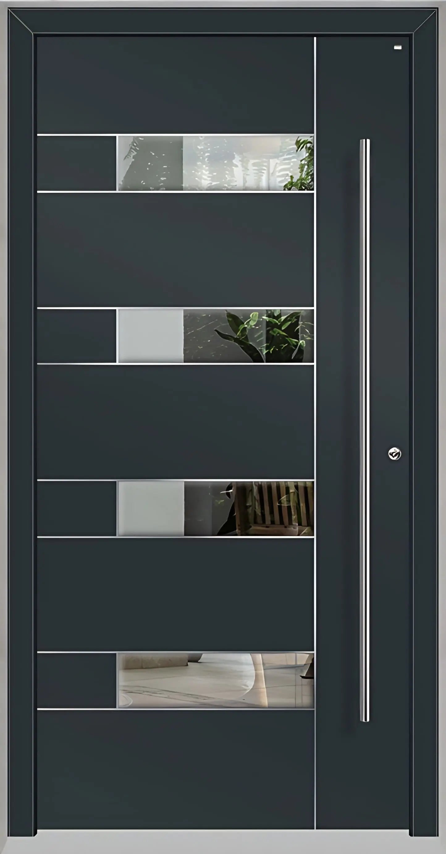 Außenansicht Holz Aluminium Haustüre Modell HA6 mit vier Lichtausschnitten und Edelstahlapplikation in Anthrazitgrau Dreh Rechts