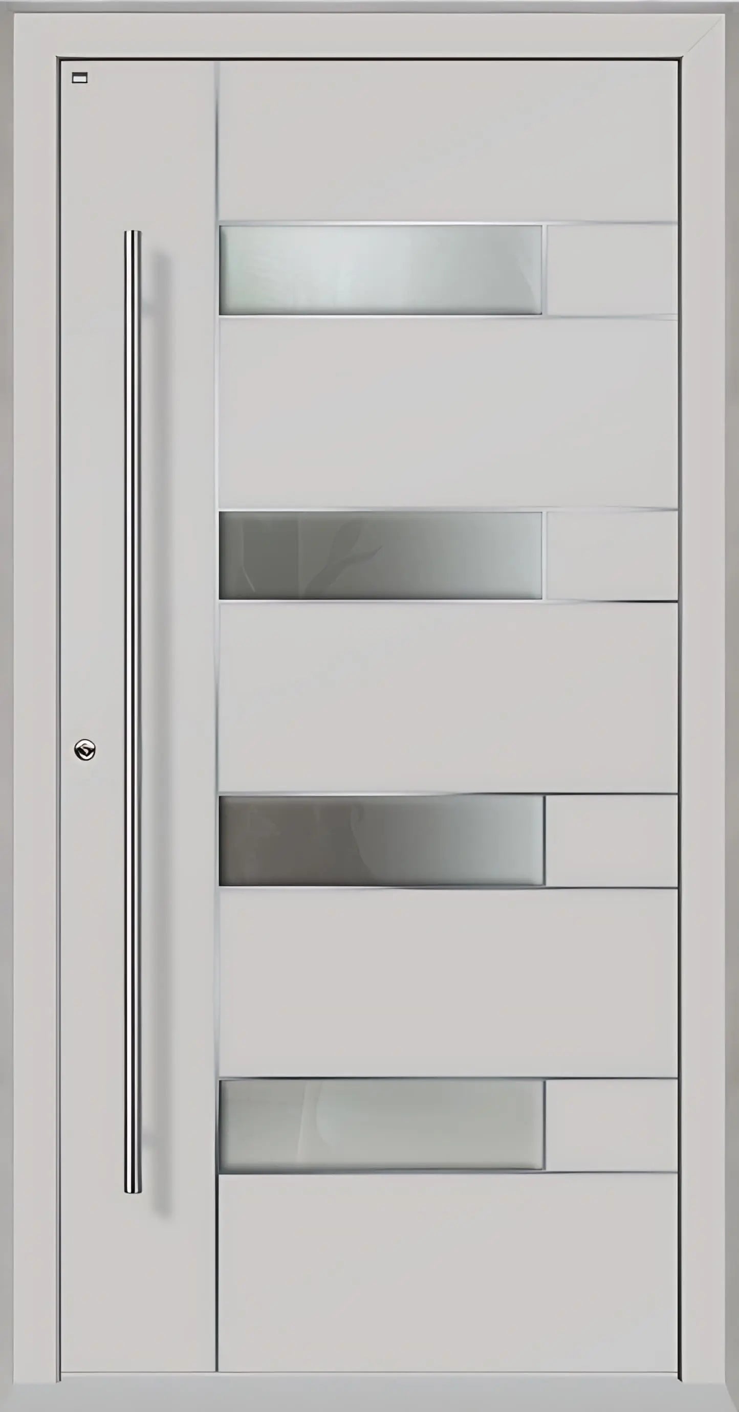 Außenansicht Holz Aluminium Haustüre Modell HA6 mit vier Lichtausschnitten und Edelstahlapplikation in Lichtgrau Dreh Links