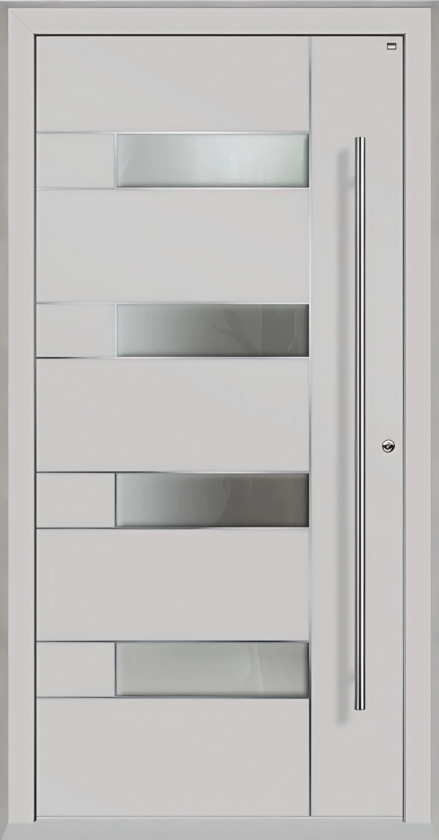 Außenansicht Holz Aluminium Haustüre Modell HA6 mit vier Lichtausschnitten und Edelstahlapplikation in Lichtgrau Dreh Rechts