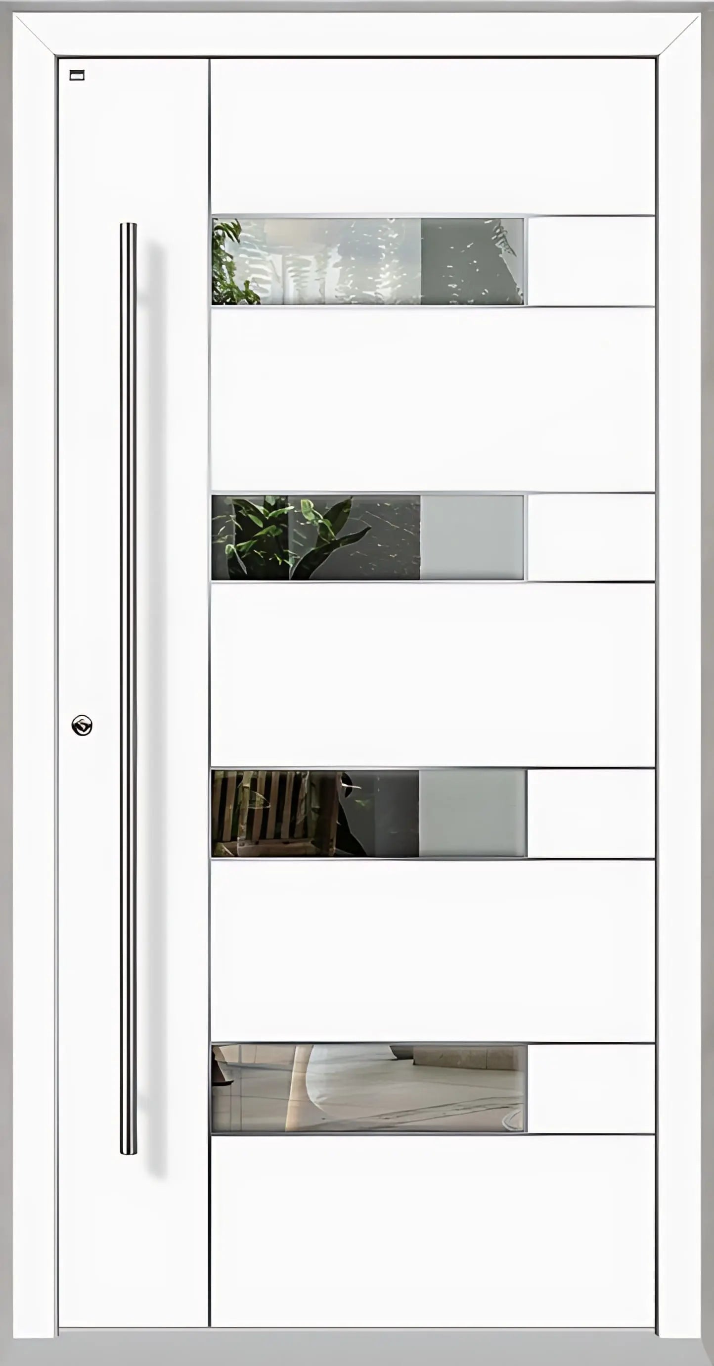 Außenansicht Holz Aluminium Haustüre Modell HA6 mit vier Lichtausschnitten und Edelstahlapplikation in Verkehrsweiß Dreh Links