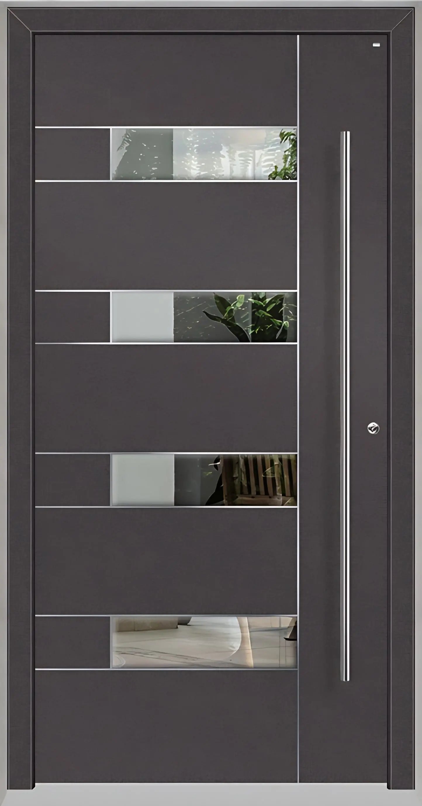 Außenansicht Holz Aluminium Haustüre Modell HA6 mit vier Lichtausschnitten und Edelstahlapplikation in DB703 Dreh Rechts