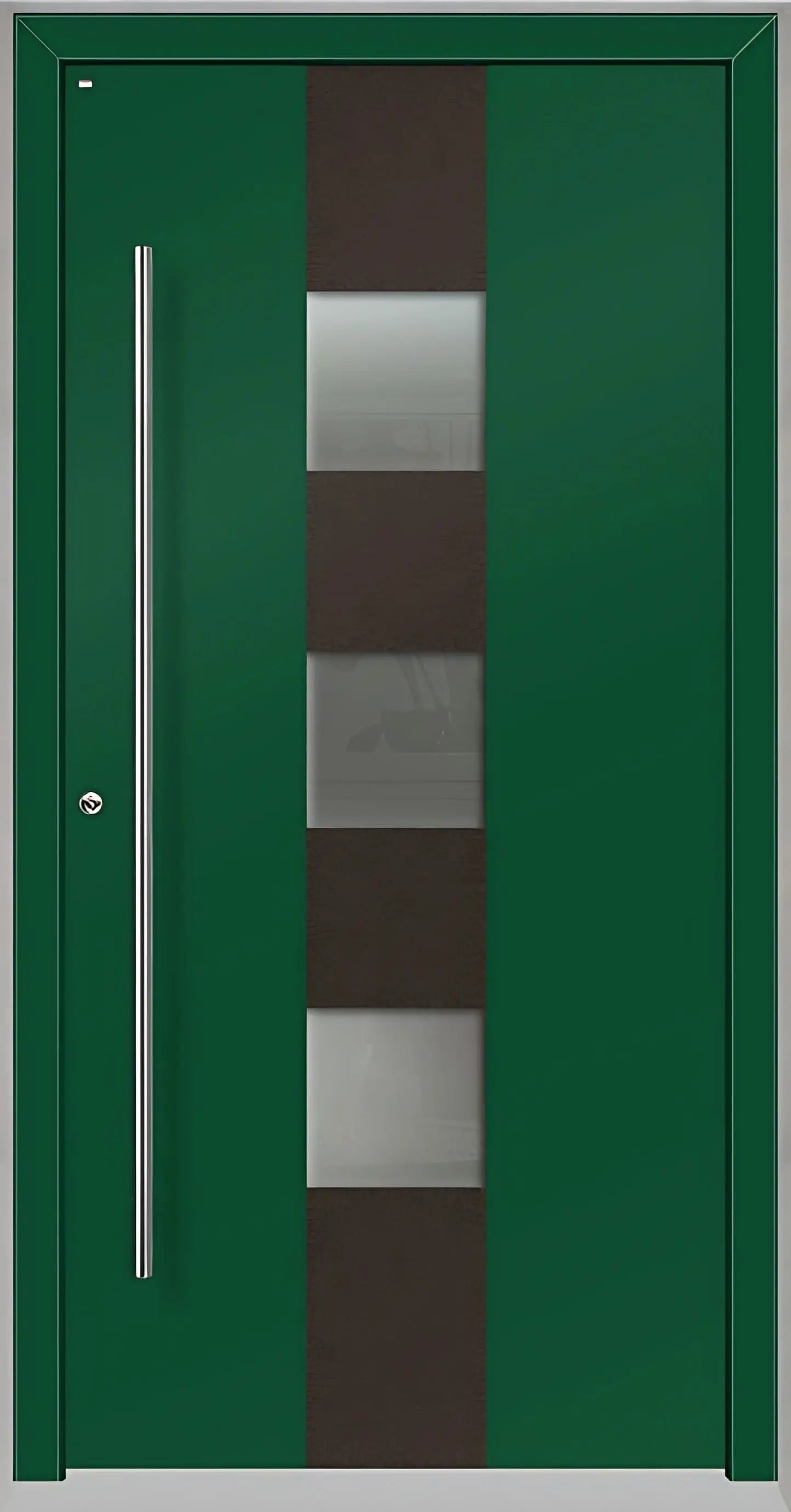 Außenansicht Holz Aluminium Haustüre Modell HA7 mit drei Lichtausschnitten in Moosgrün Dreh Links