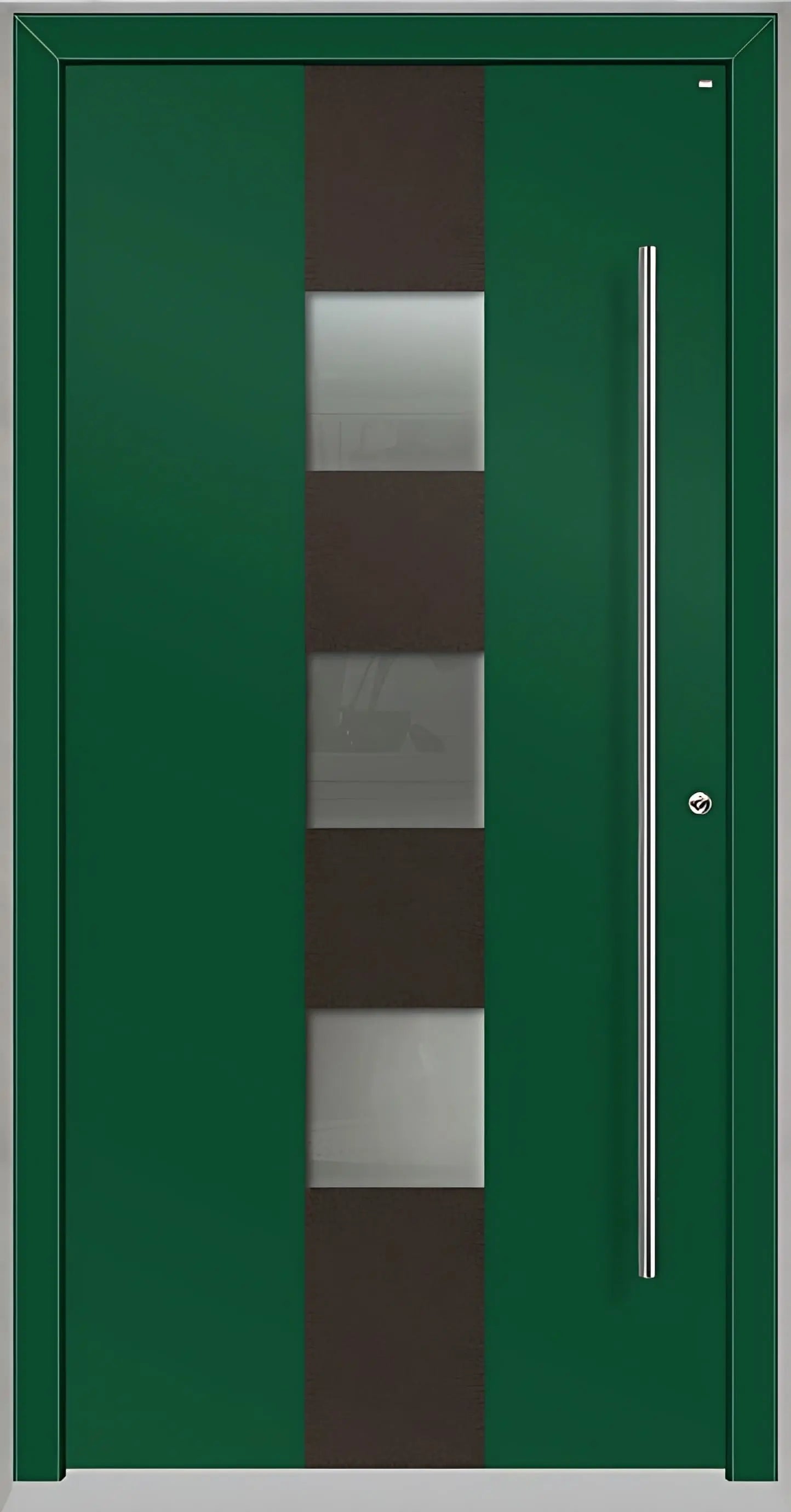 Außenansicht Holz Aluminium Haustüre Modell HA7 mit drei Lichtausschnitten in Moosgrün Dreh Rechts