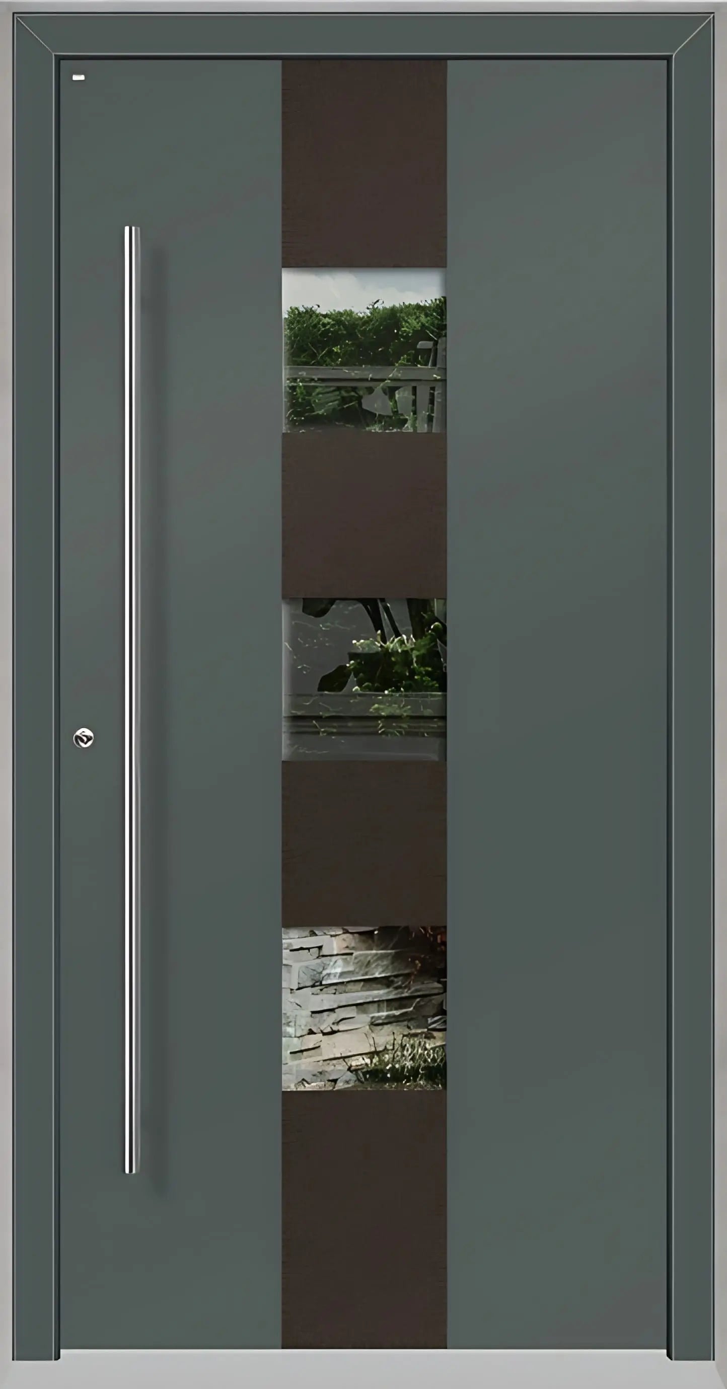 Außenansicht Holz Aluminium Haustüre Modell HA7 mit drei Lichtausschnitten in Basaltgrau Dreh Links