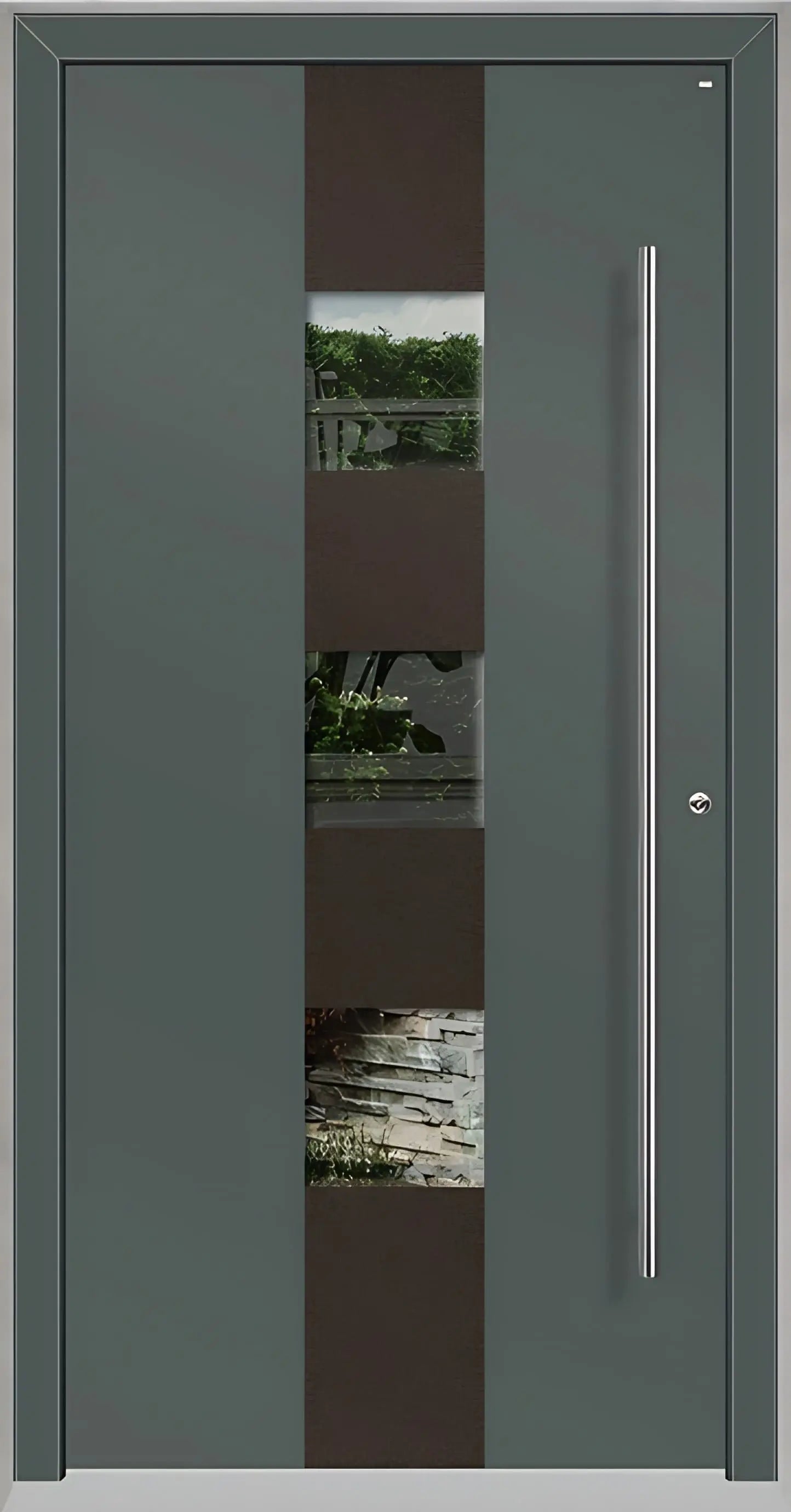 Außenansicht Holz Aluminium Haustüre Modell HA7 mit drei Lichtausschnitten in Basaltgrau Dreh Rechts