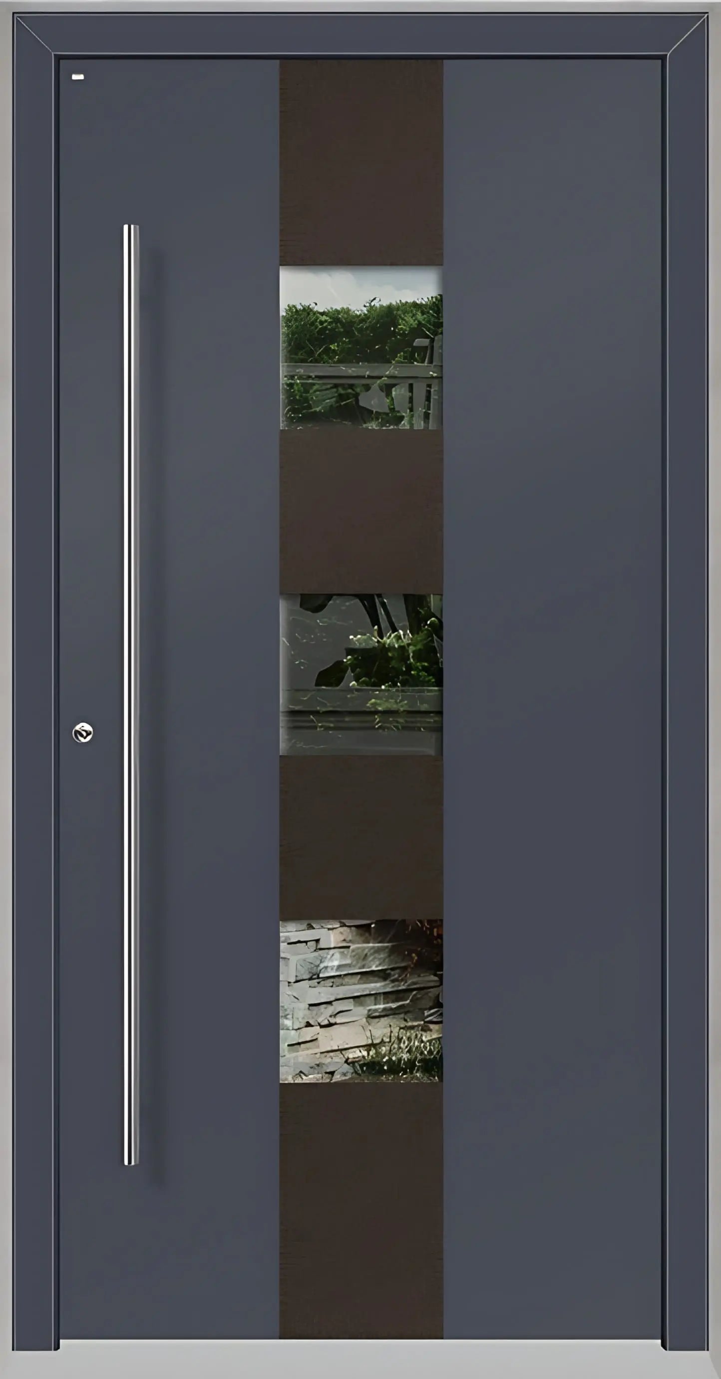 Außenansicht Holz Aluminium Haustüre Modell HA7 mit drei Lichtausschnitten in Schiefergrau Dreh Links