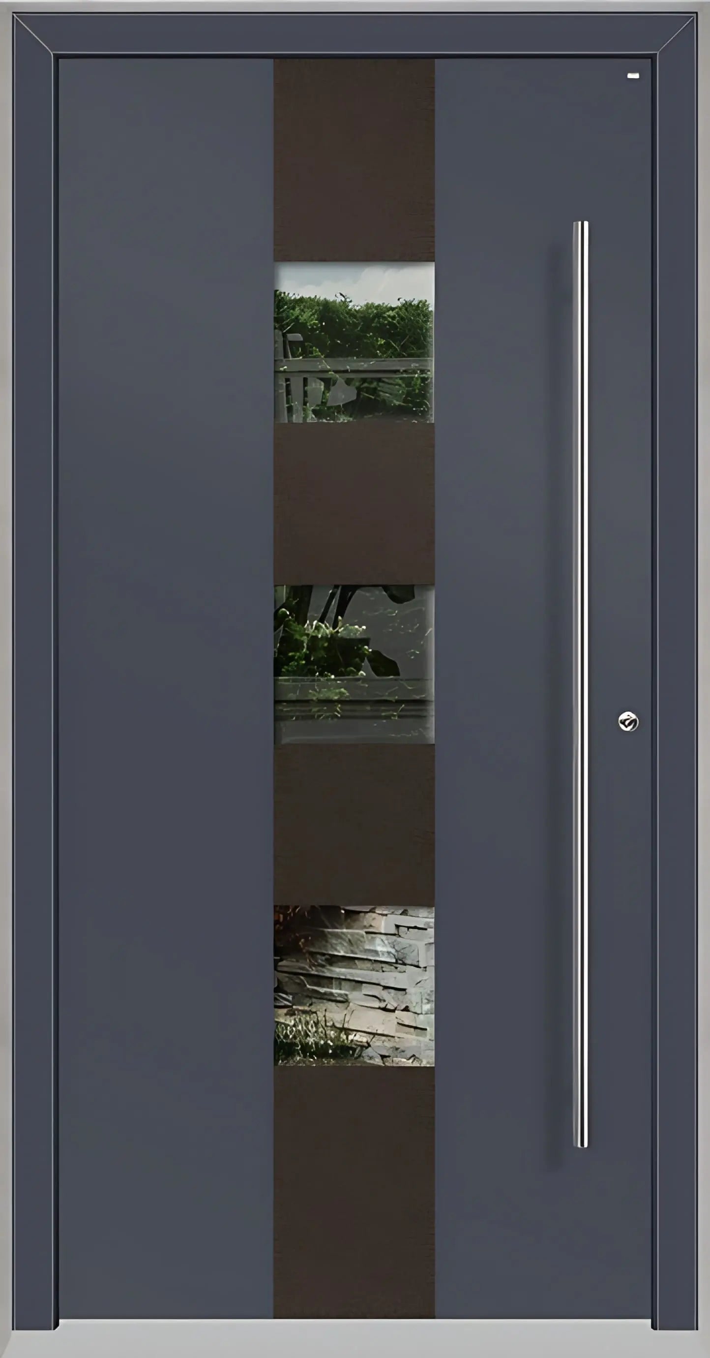 Außenansicht Holz Aluminium Haustüre Modell HA7 mit drei Lichtausschnitten in Schiefergrau Dreh Rechts