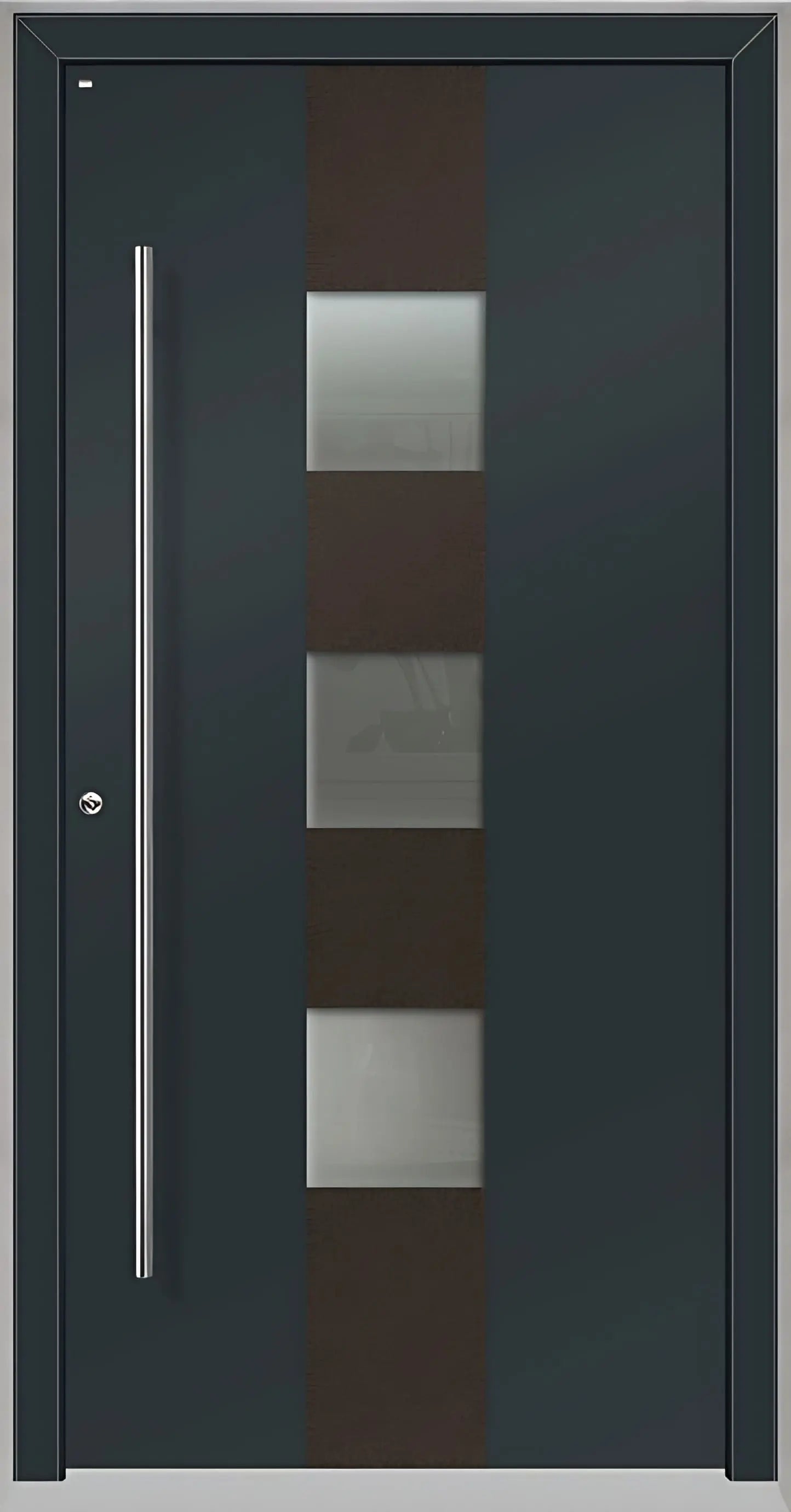 Außenansicht Holz Aluminium Haustüre Modell HA7 mit drei Lichtausschnitten in Anthrazitgrau Dreh Links