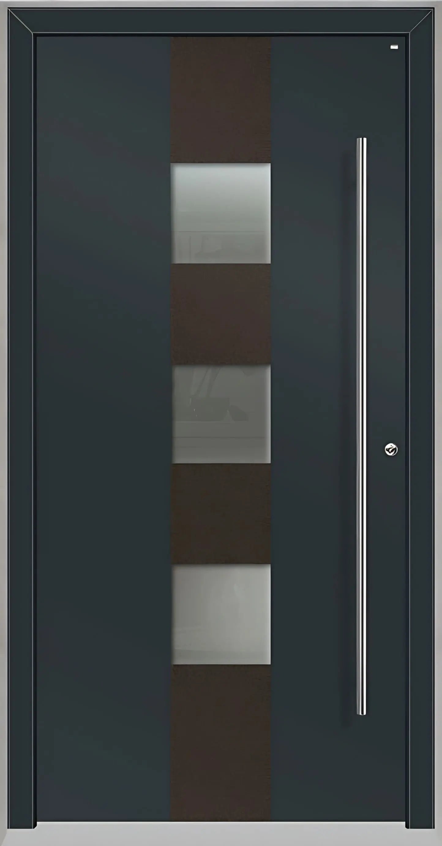 Außenansicht Holz Aluminium Haustüre Modell HA7 mit drei Lichtausschnitten in Anthrazitgrau Dreh Rechts