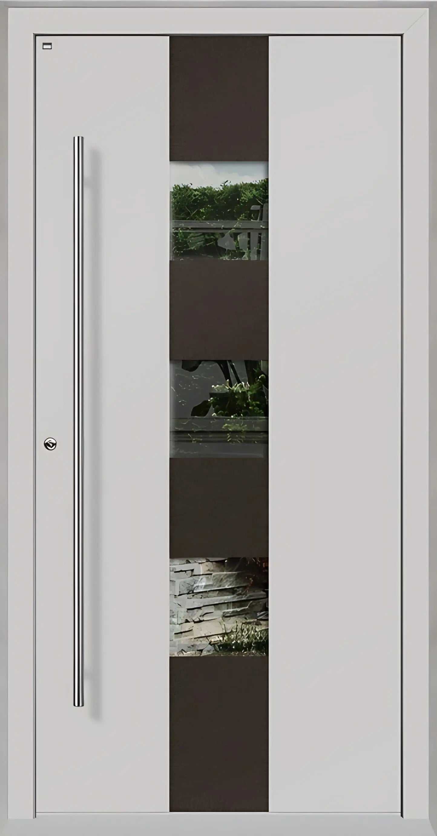 Außenansicht Holz Aluminium Haustüre Modell HA7 mit drei Lichtausschnitten in Lichtgrau Dreh Links