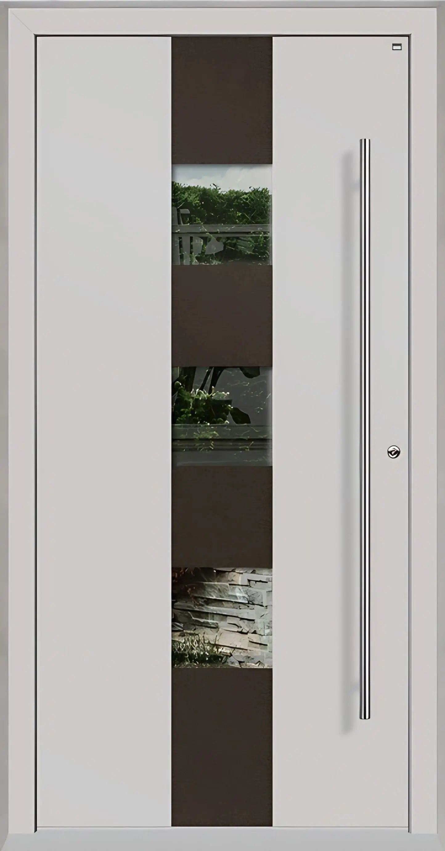 Außenansicht Holz Aluminium Haustüre Modell HA7 mit drei Lichtausschnitten in Lichtgrau Dreh Rechts