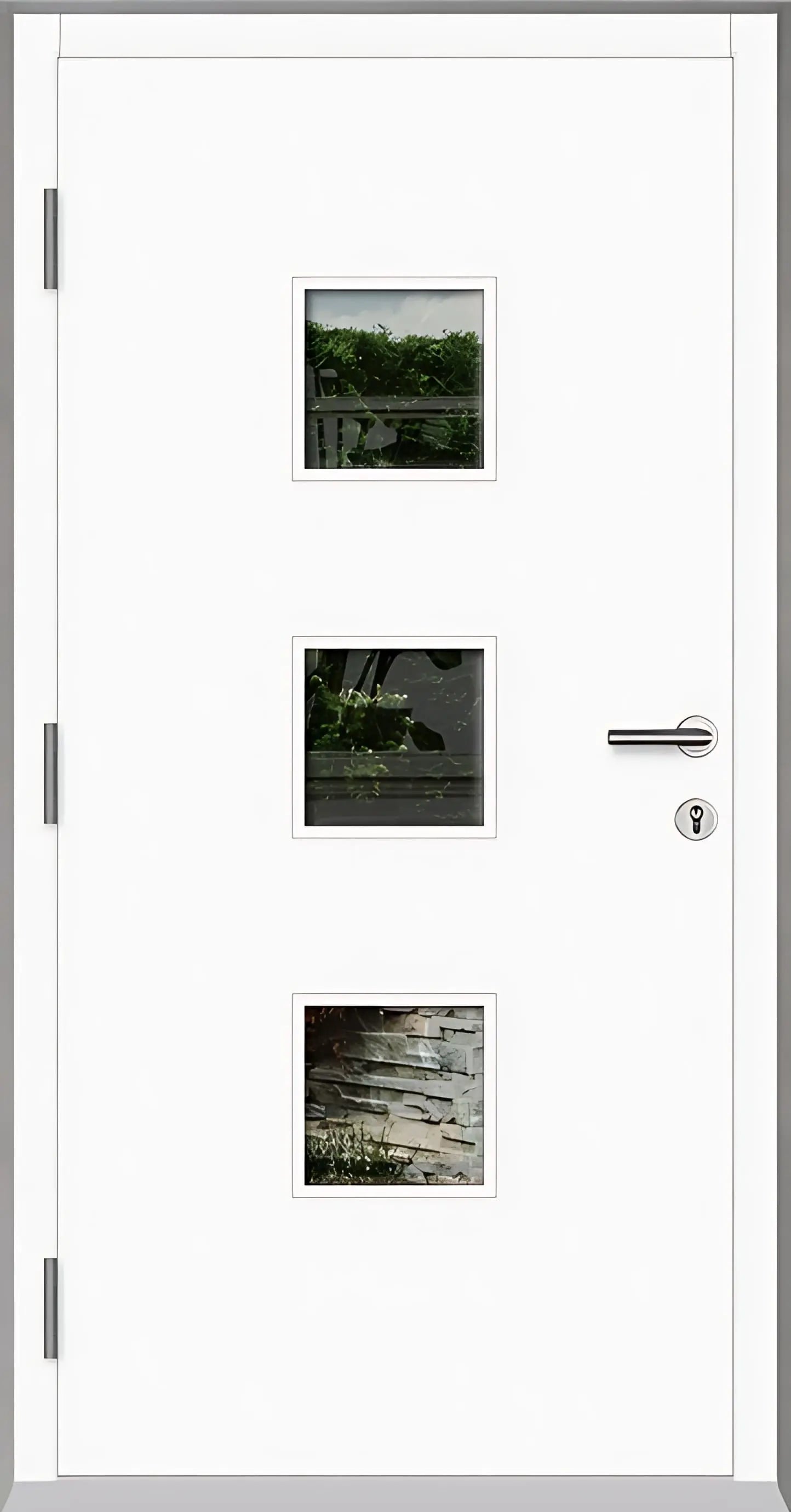 Innenansicht Holz Aluminium Haustüre Modell HA7 mit drei Lichtausschnitten in weiss Dreh Links