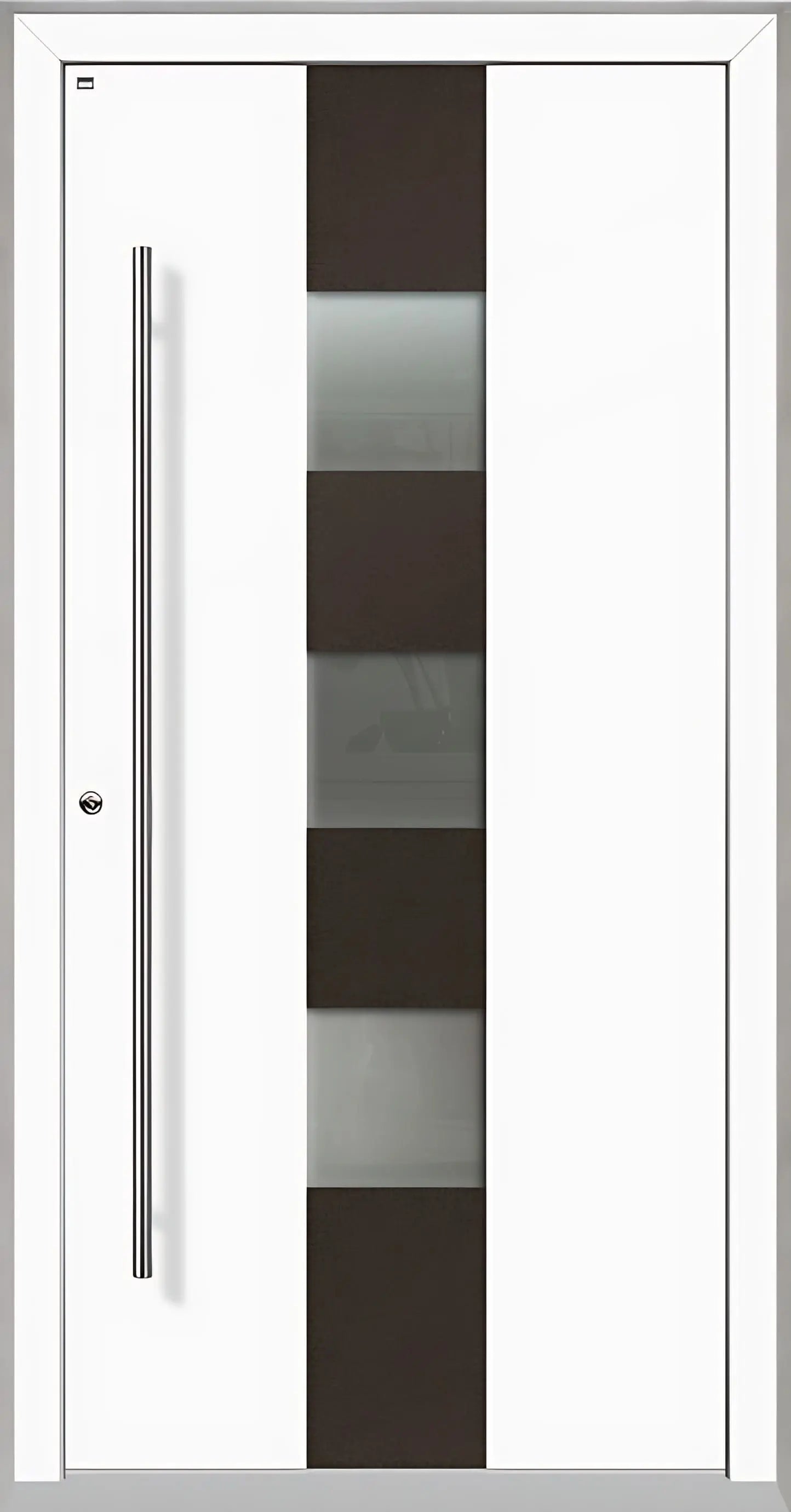 Außenansicht Holz Aluminium Haustüre Modell HA7 mit drei Lichtausschnitten in Verkehrsweiß Dreh Links