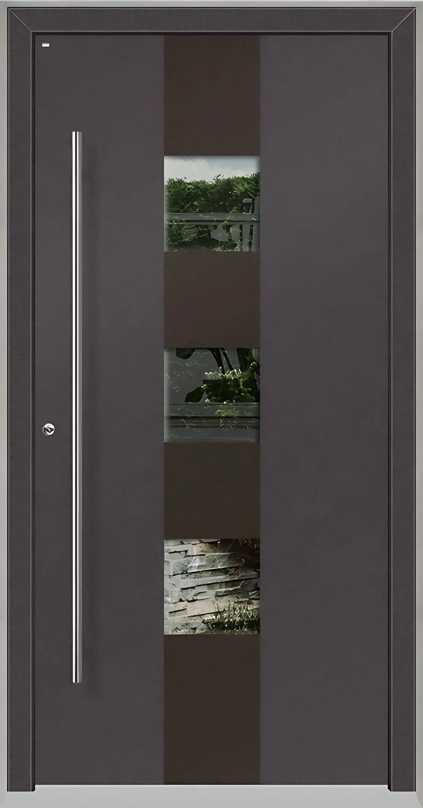 Außenansicht Holz Aluminium Haustüre Modell HA7 mit drei Lichtausschnitten in DB703 Dreh Links