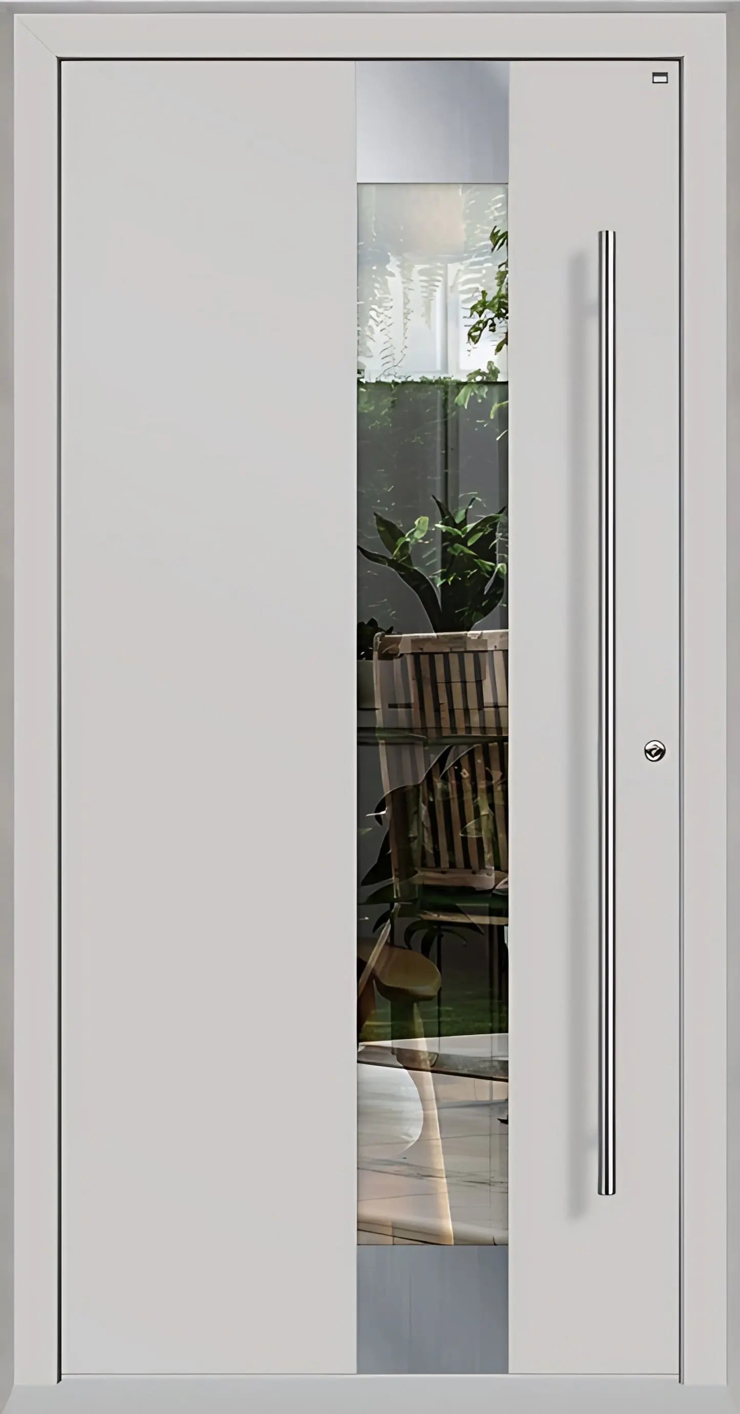 Holz Alu Haustür mit Lichtausschnitt in Lichtgrau als Dreh Rechts