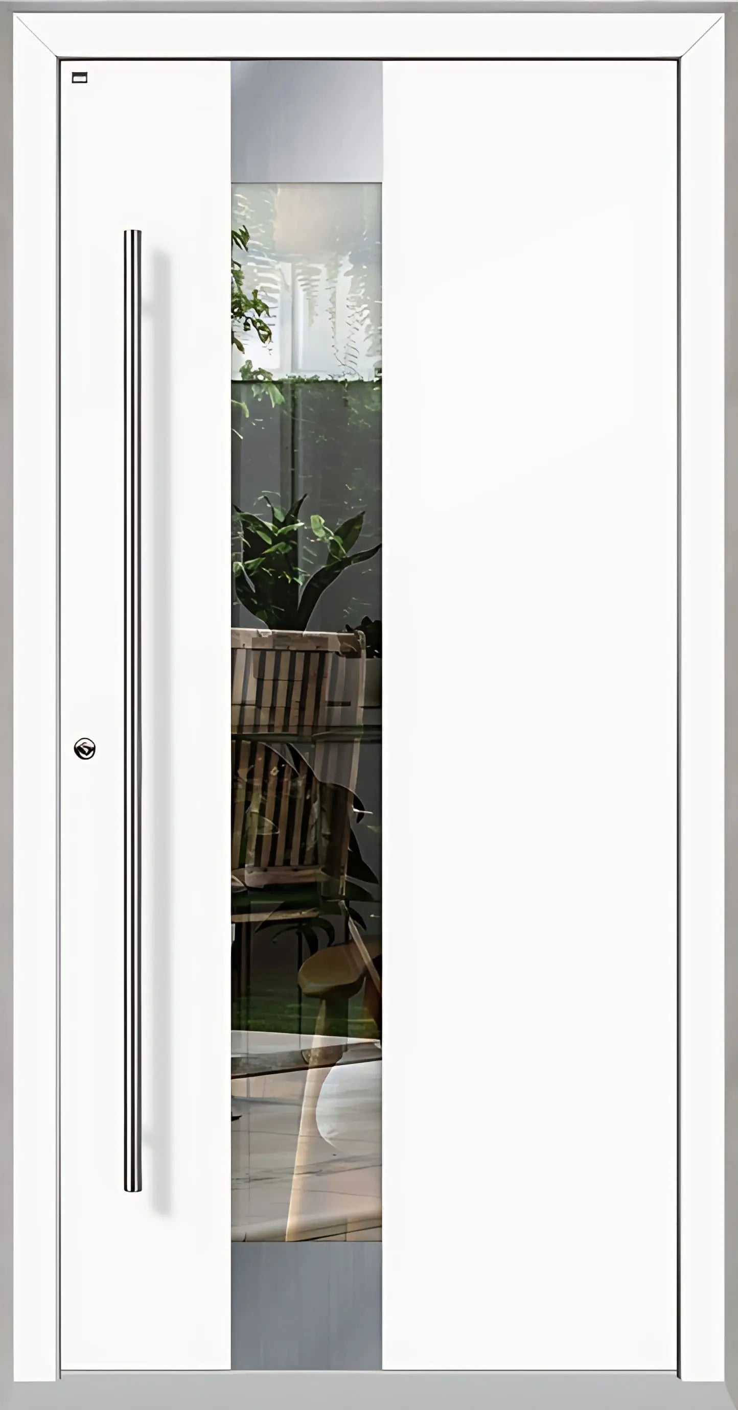 Holz Alu Haustür mit Lichtausschnitt in Verkehrsweiß als Dreh Links