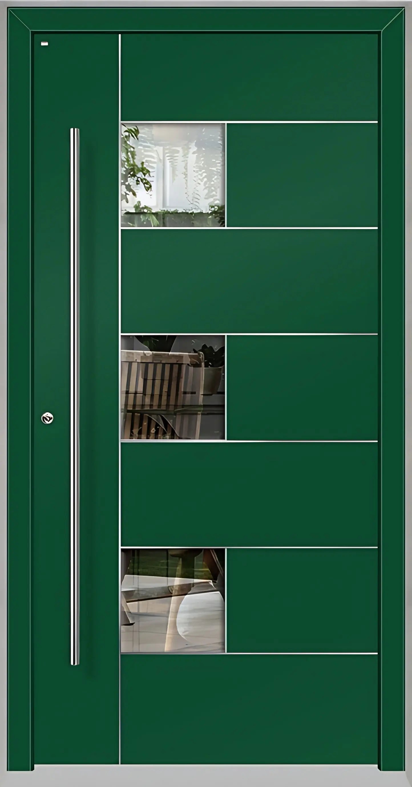 Außenansicht einer Holz Aluminium Haustüre Modell HA5 mit Lichtausschnitt und Edelstahlapplikation in Moosgrün Dreh Links