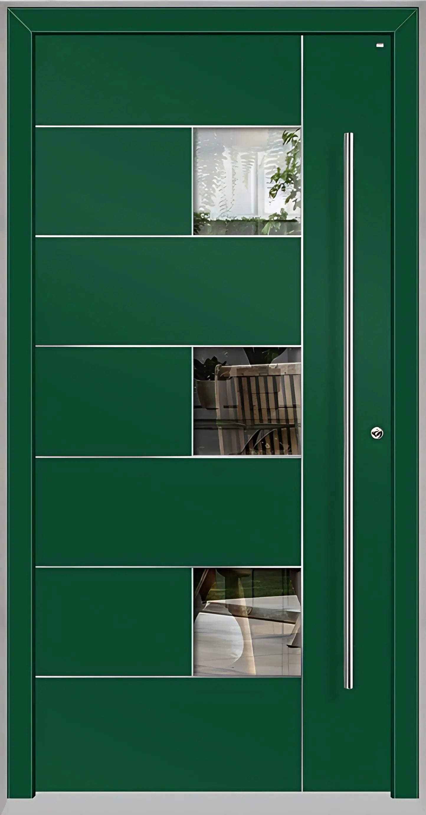 Außenansicht einer Holz Aluminium Haustüre Modell HA5 mit Lichtausschnitt und Edelstahlapplikation in Moosgrün Dreh Rechts