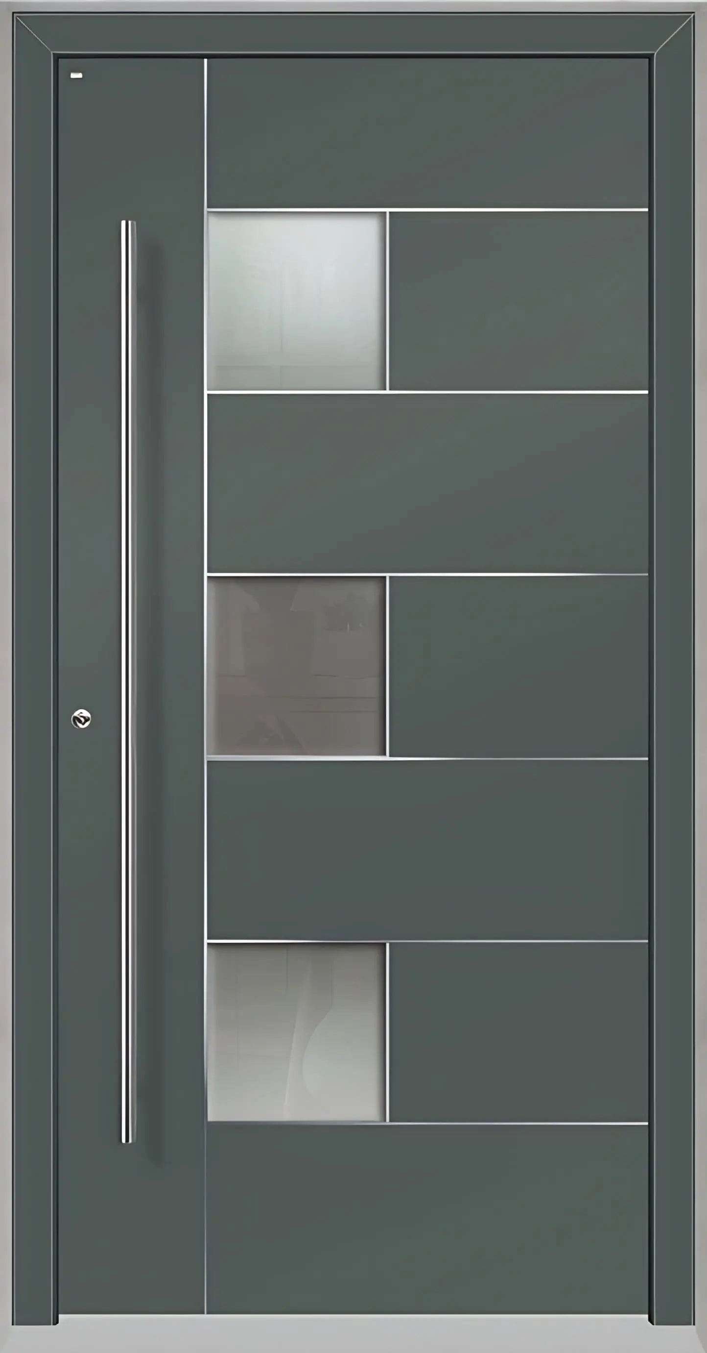 Außenansicht einer Holz Aluminium Haustüre Modell HA5 mit Lichtausschnitt und Edelstahlapplikation in Basaltgrau Dreh Links