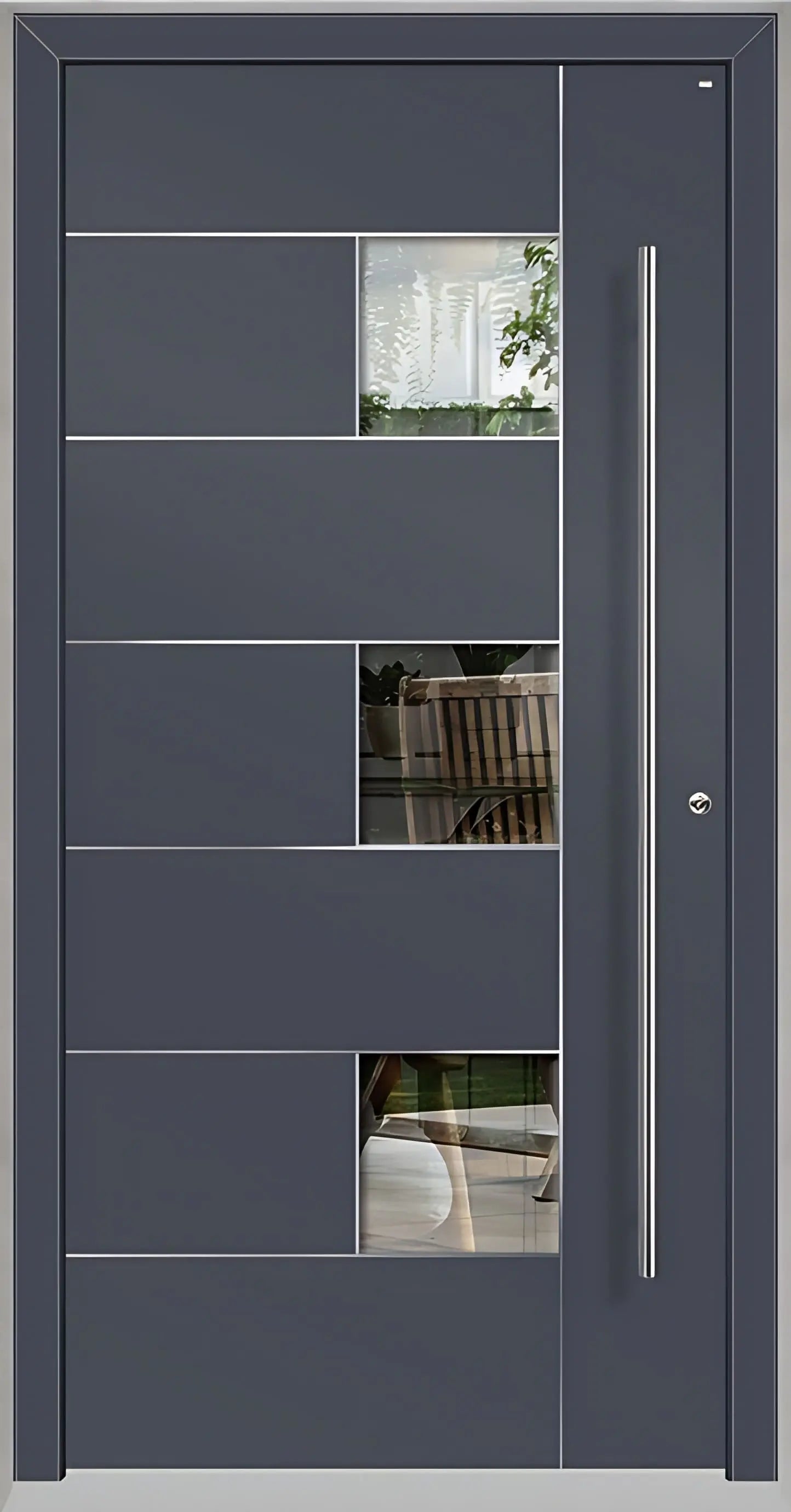 Außenansicht einer Holz Aluminium Haustüre Modell HA5 mit Lichtausschnitt und Edelstahlapplikation in Schiefergrau Dreh Rechts