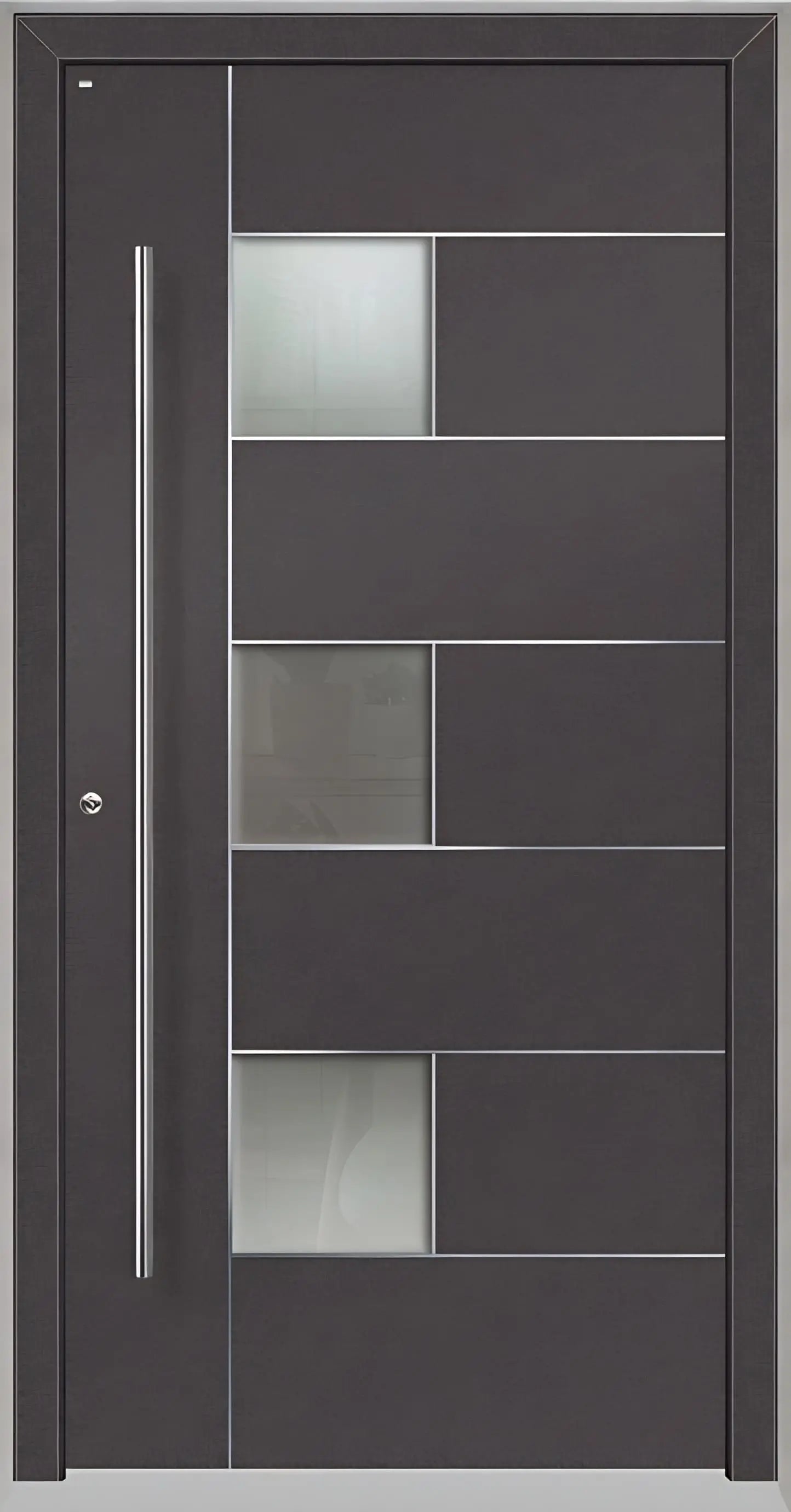 Außenansicht einer Holz Aluminium Haustüre Modell HA5 mit Lichtausschnitt und Edelstahlapplikation in DB703 Dreh Links