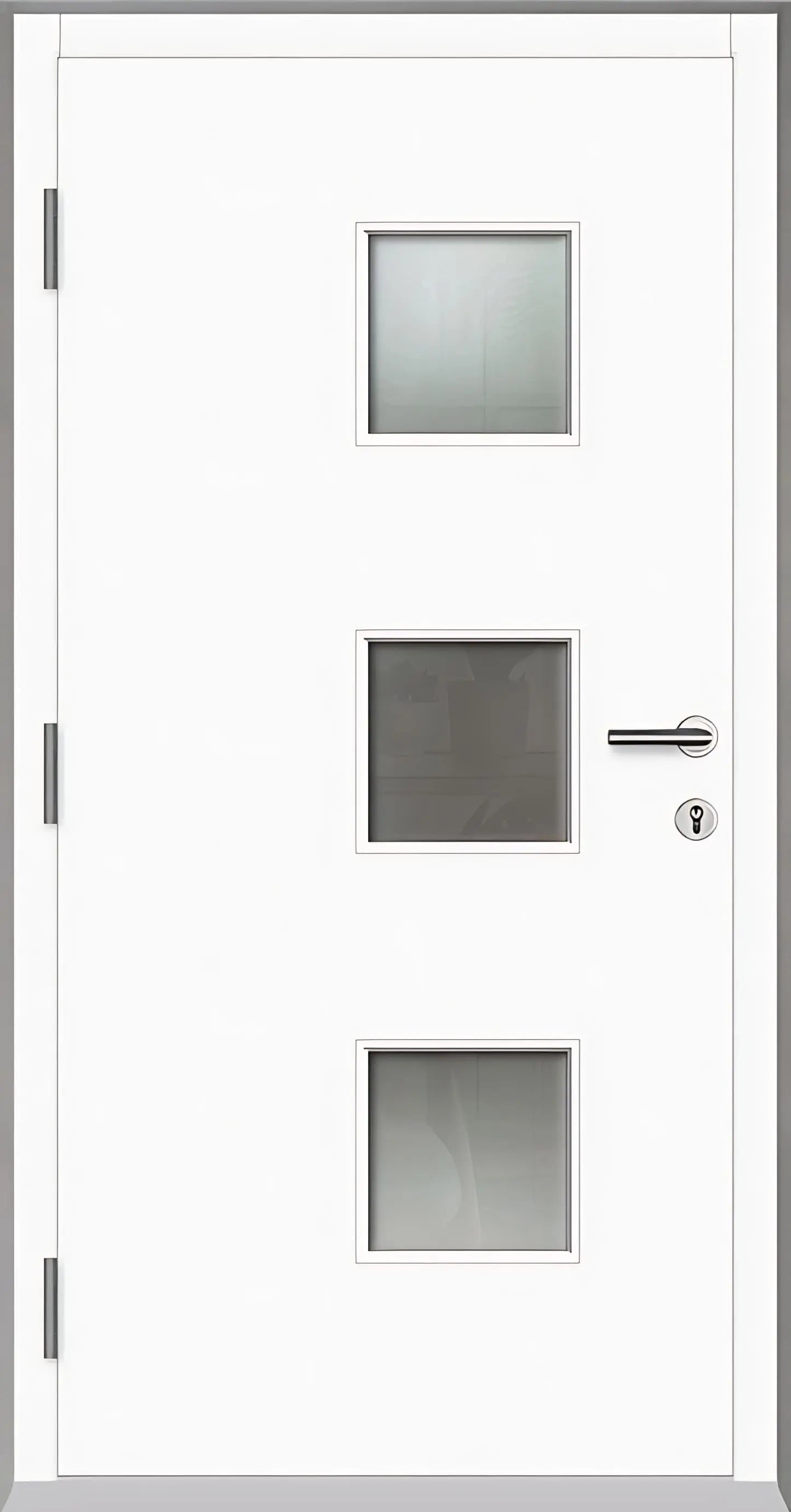 Innenansicht einer Holz Aluminium Haustüre Modell HA5 mit Lichtausschnitt und Edelstahlapplikation in weiss Dreh Links