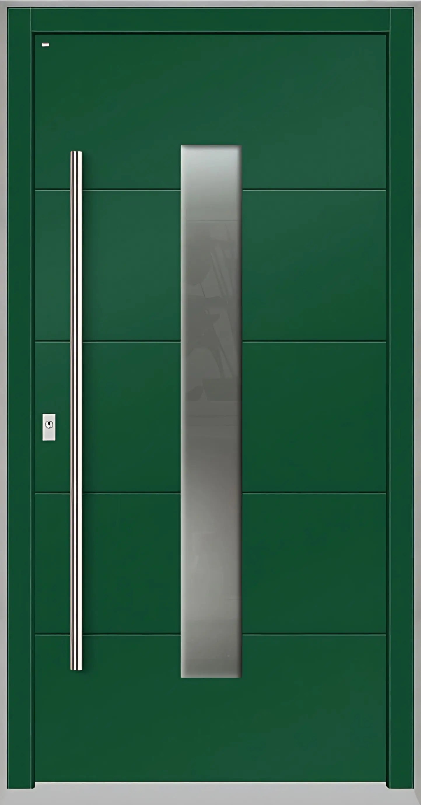 Holzhausür Modell H4 mit mittigem Lichtausschnitt und vier Nuten in Moosgrün Dreh Links