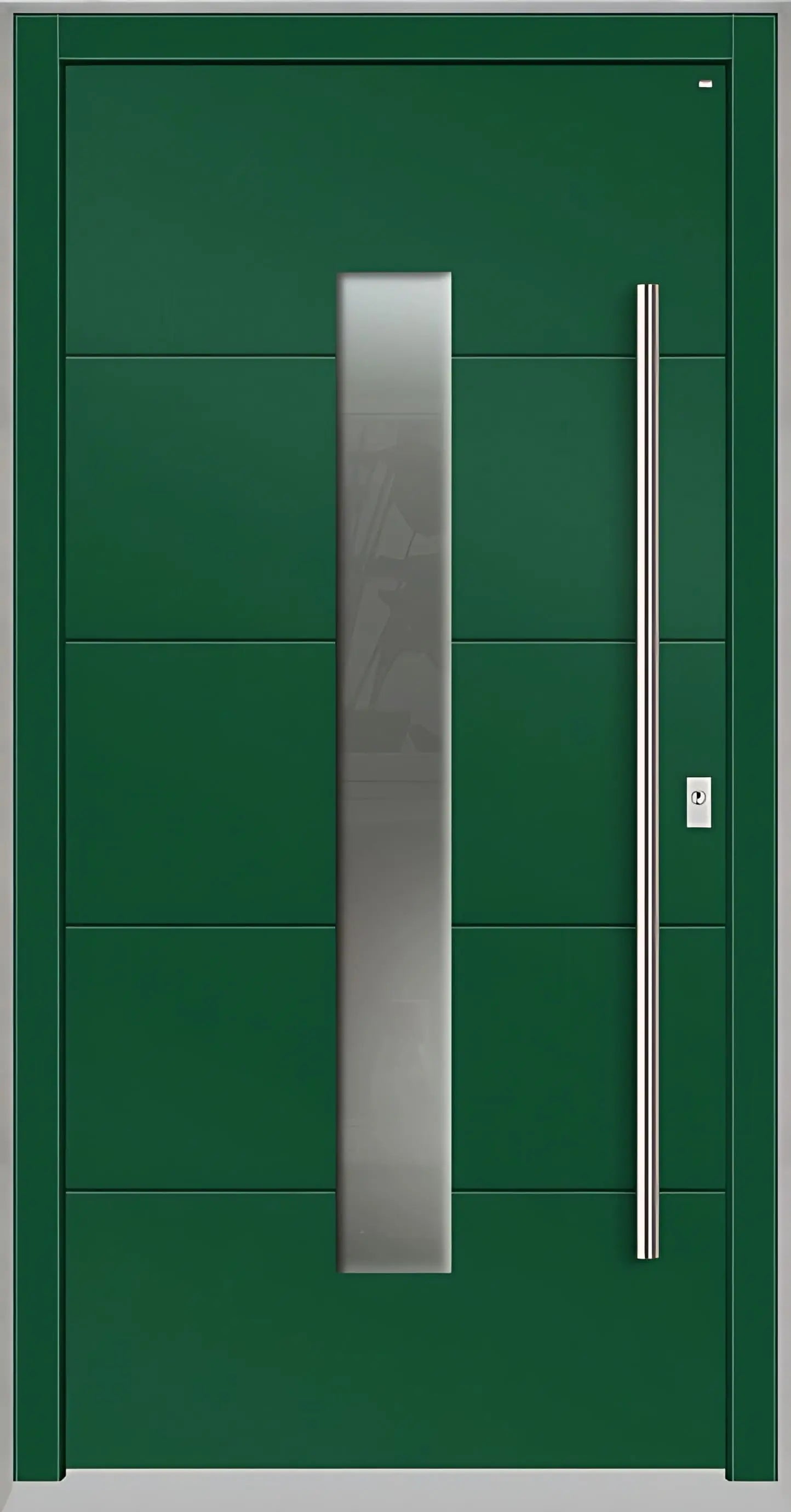 Holzhausür Modell H4 mit mittigem Lichtausschnitt und vier Nuten in Moosgrün Dreh Rechts